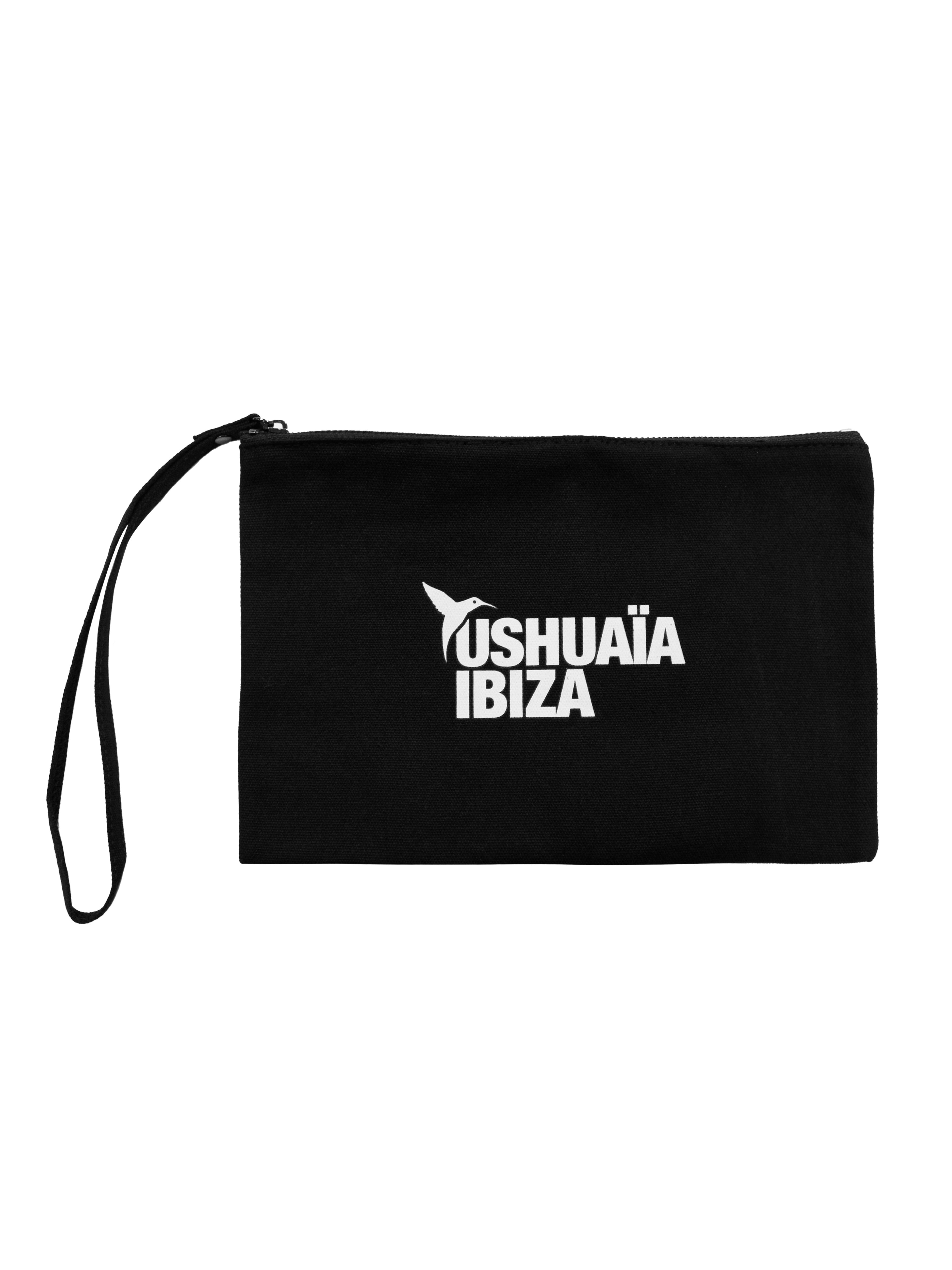 Black Ushuaïa Ibiza handbag with wrist strap and white logo print