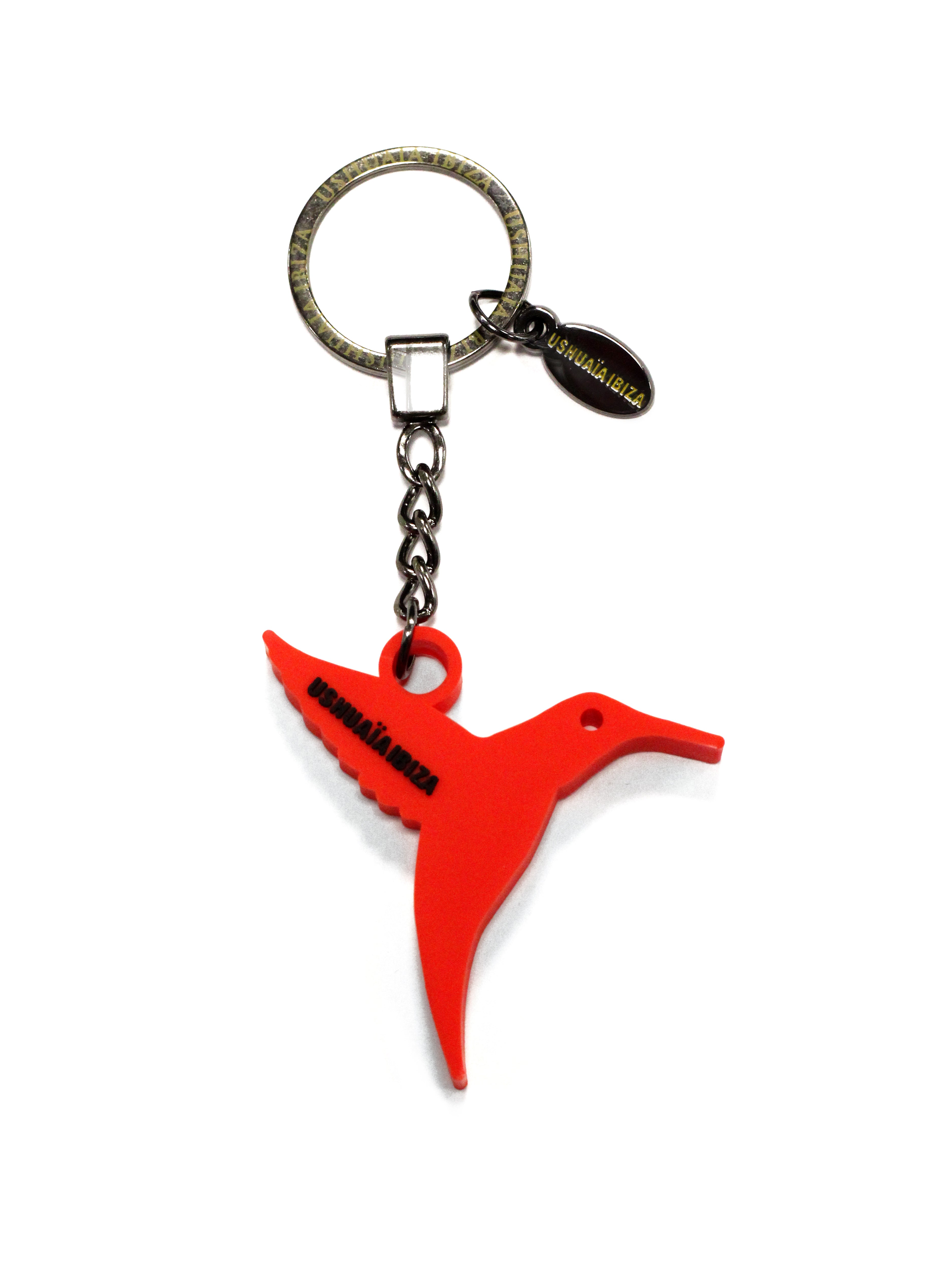 Red rubber Ushuaïa bird keychain with metallic ring