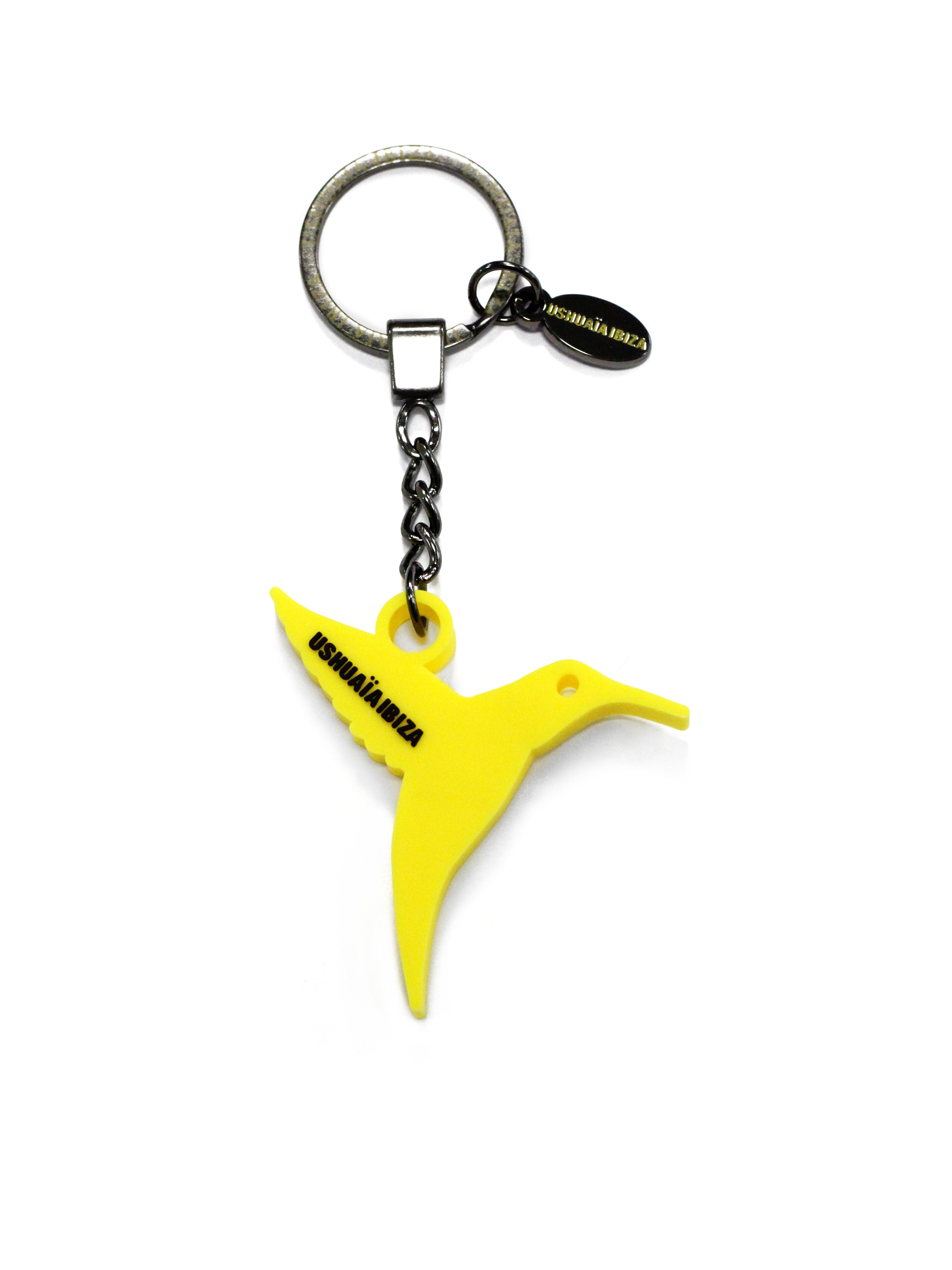 Ushuaïa bird keychain with exclusive yellow hummingbird design. Modern style, perfect as a premium party souvenir or functional accessory for daily use.