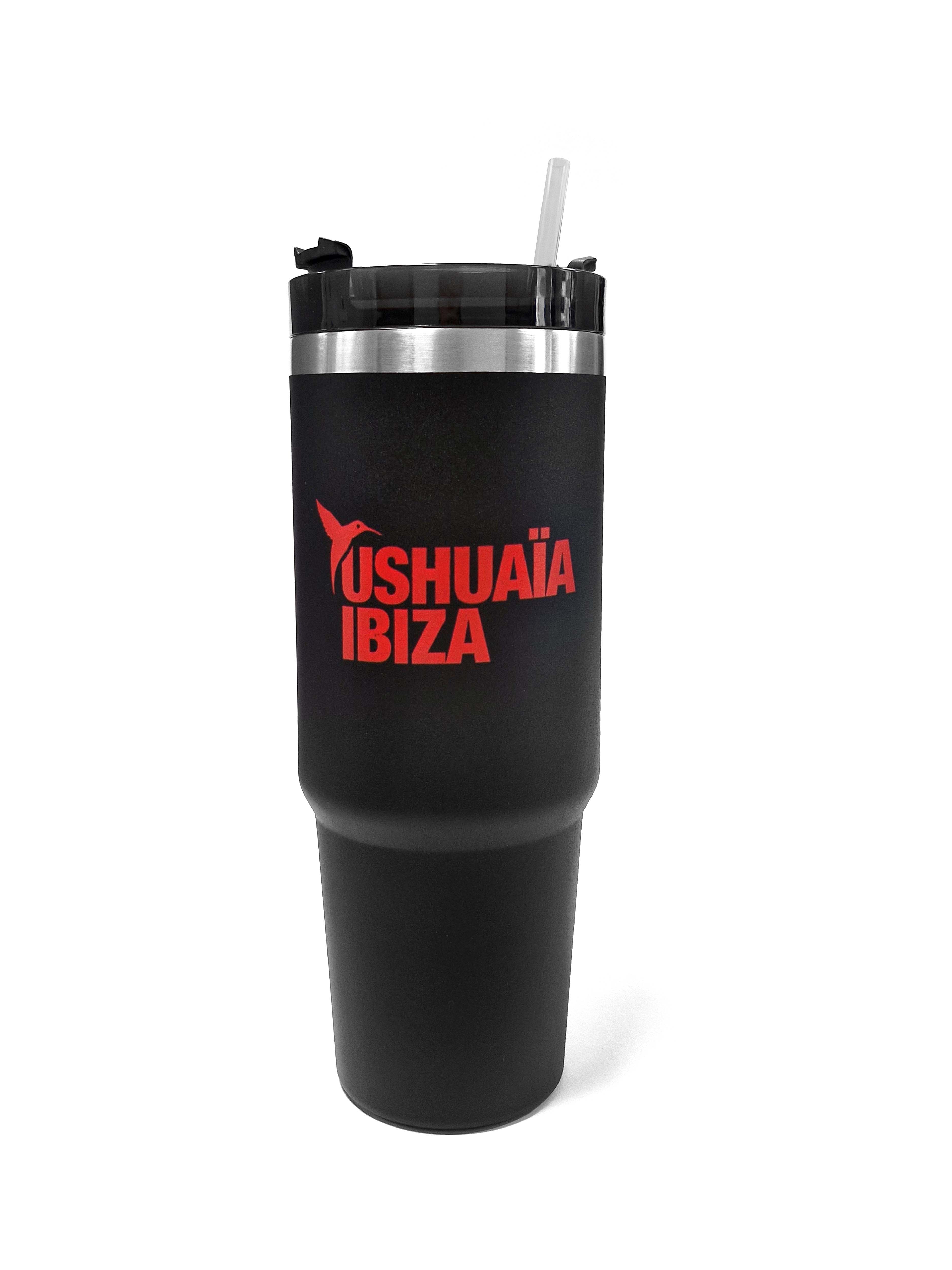Black Ushuaïa Ibiza stainless steel thermal mug with lid and straw.