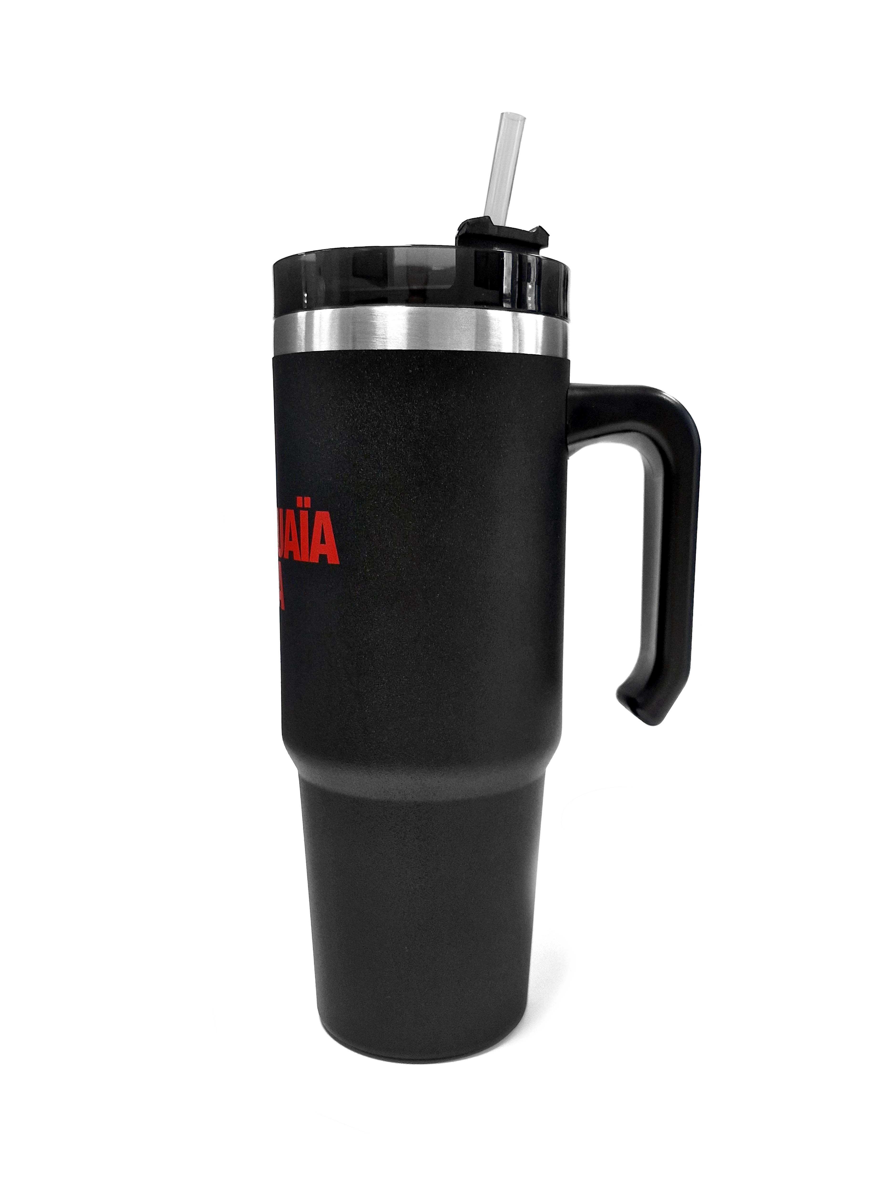 Black Ushuaïa Ibiza stainless steel thermal mug with lid and straw.