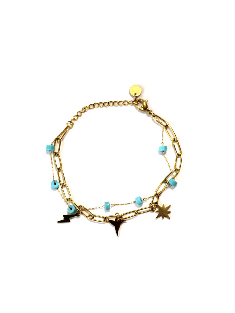 Metal chain bracelet with adjustable lobster clasp. Includes metallic charms and turquoise-colored beads. Available in silver and gold finishes.
COMPOSITION:
metal alloy, acrylic beads.
