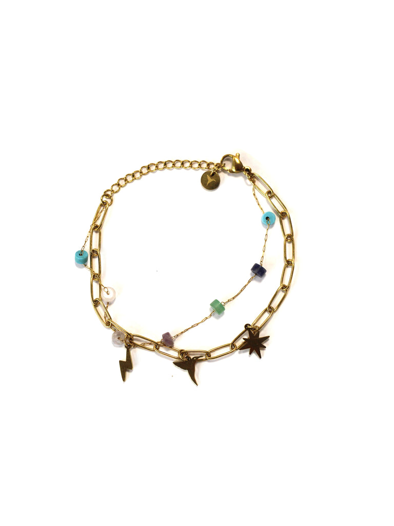 Metal chain bracelet with adjustable lobster clasp. Includes metal charms and multicolor beads. Available in silver and gold finish.
COMPOSITION:
metal alloy, acrylic beads.
