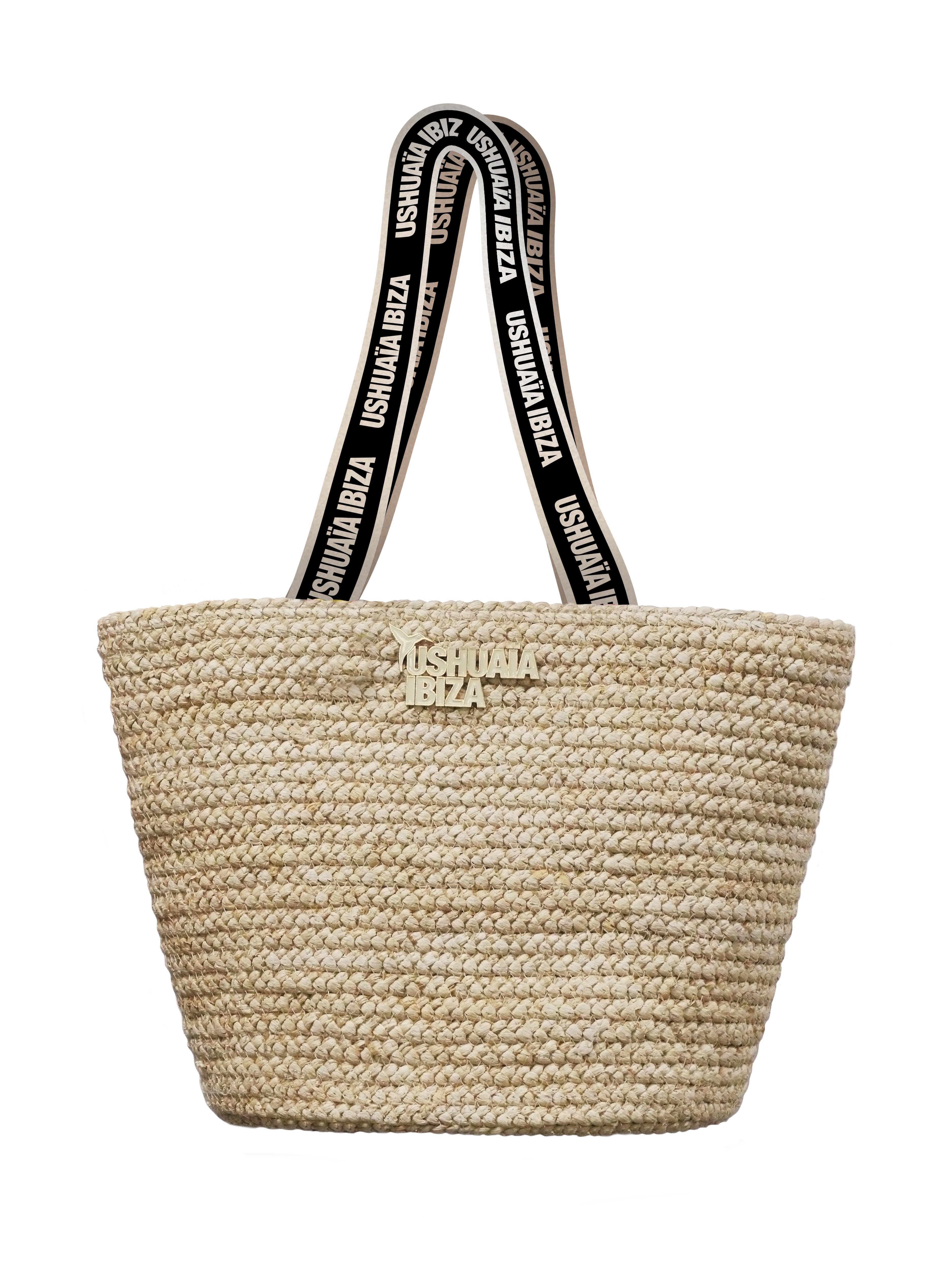 Beige wicker bag with black handles and metallic logo detail