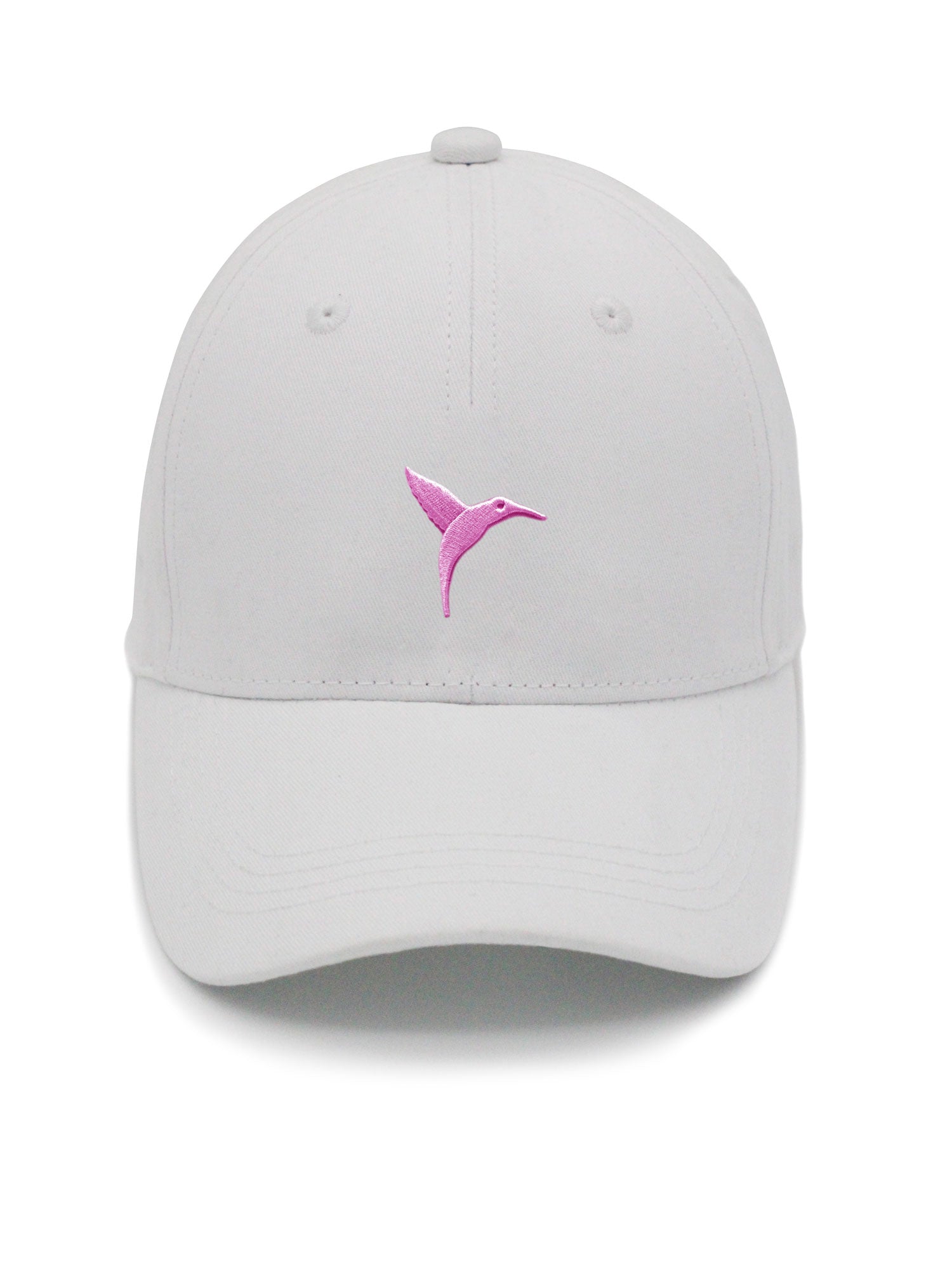 White cotton Ushuaïa Ibiza cap featuring a pink embroidered hummingbird detail.