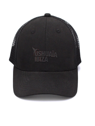 Gorra 100% algodón con detalle rejilla trasero en tejido poliéster, detalle delantero acabado rubber print negro
