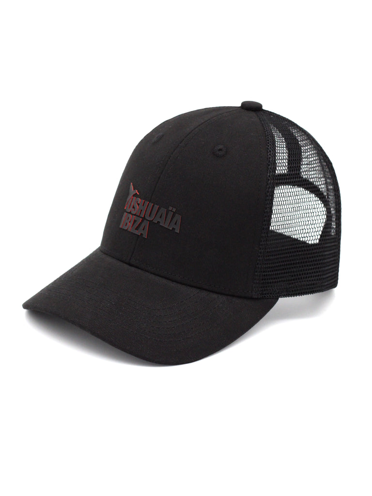 Gorra 100% algodón con detalle rejilla trasero en tejido poliéster, detalle delantero acabado rubber print negro