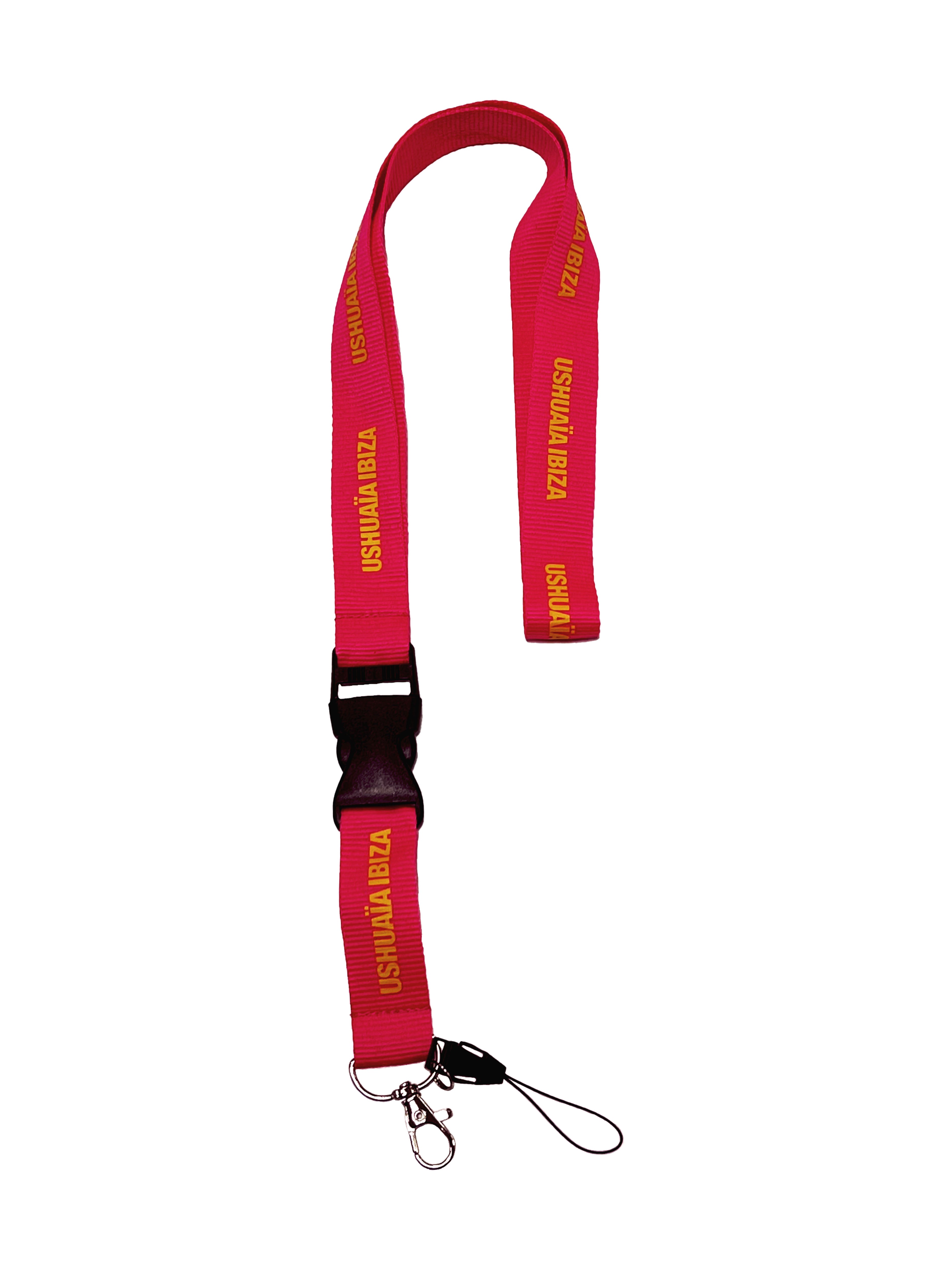 Fluor pink lanyard with Ushuaïa Ibiza logo printed in yellow. Made from durable fabric designed for everyday use. Features a metal hook for attaching keys, badges or passes, and includes an additional thin cord to secure a mobile phone.

Lightweight and resistant, this lanyard is suitable for festivals, events, travel and daily use. Designed as a functional accessory for carrying essentials while keeping them easily accessible.