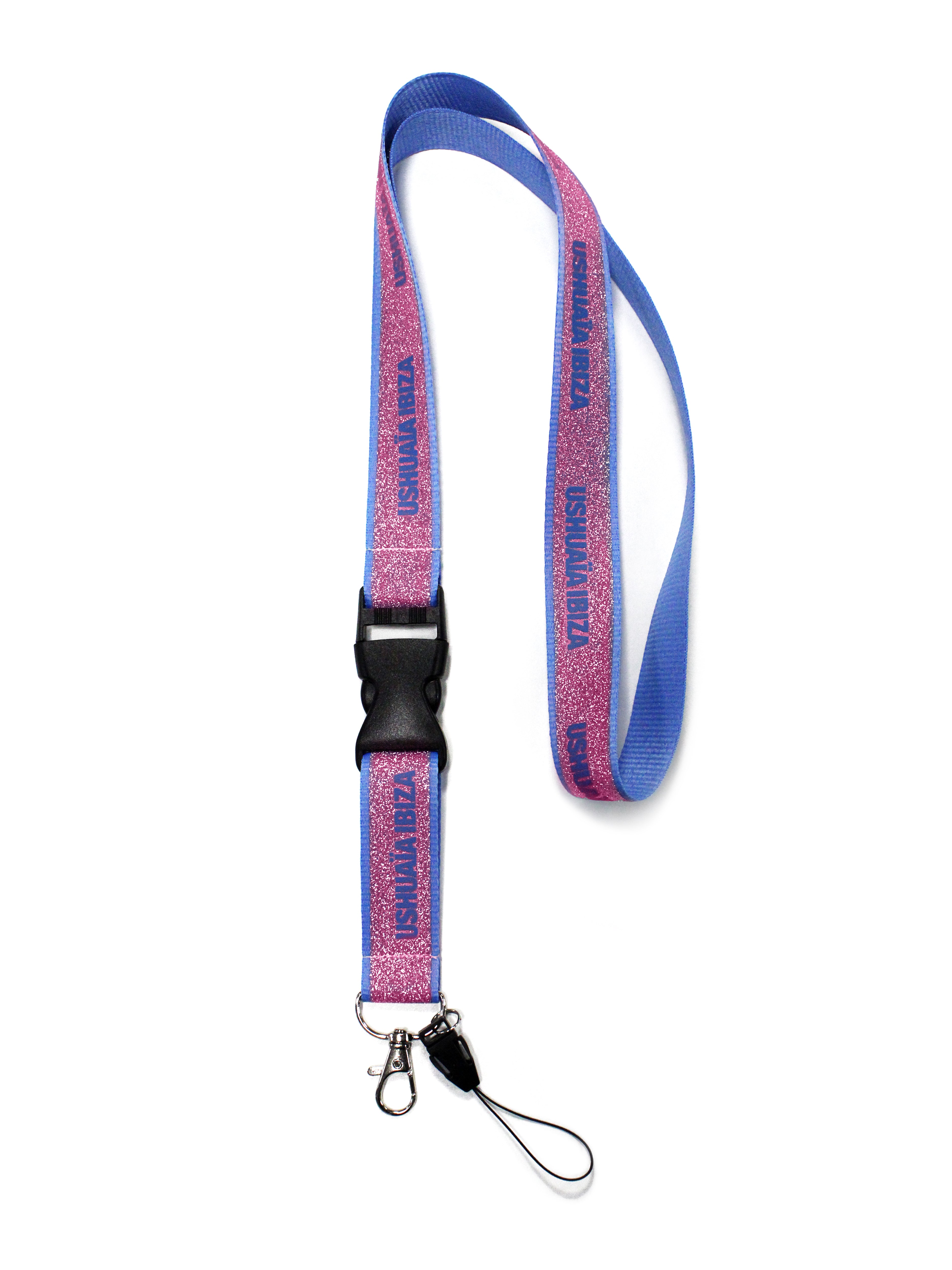 Blue and pink shiny Ushuaïa Ibiza lanyard with detachable buckle and metallic clip