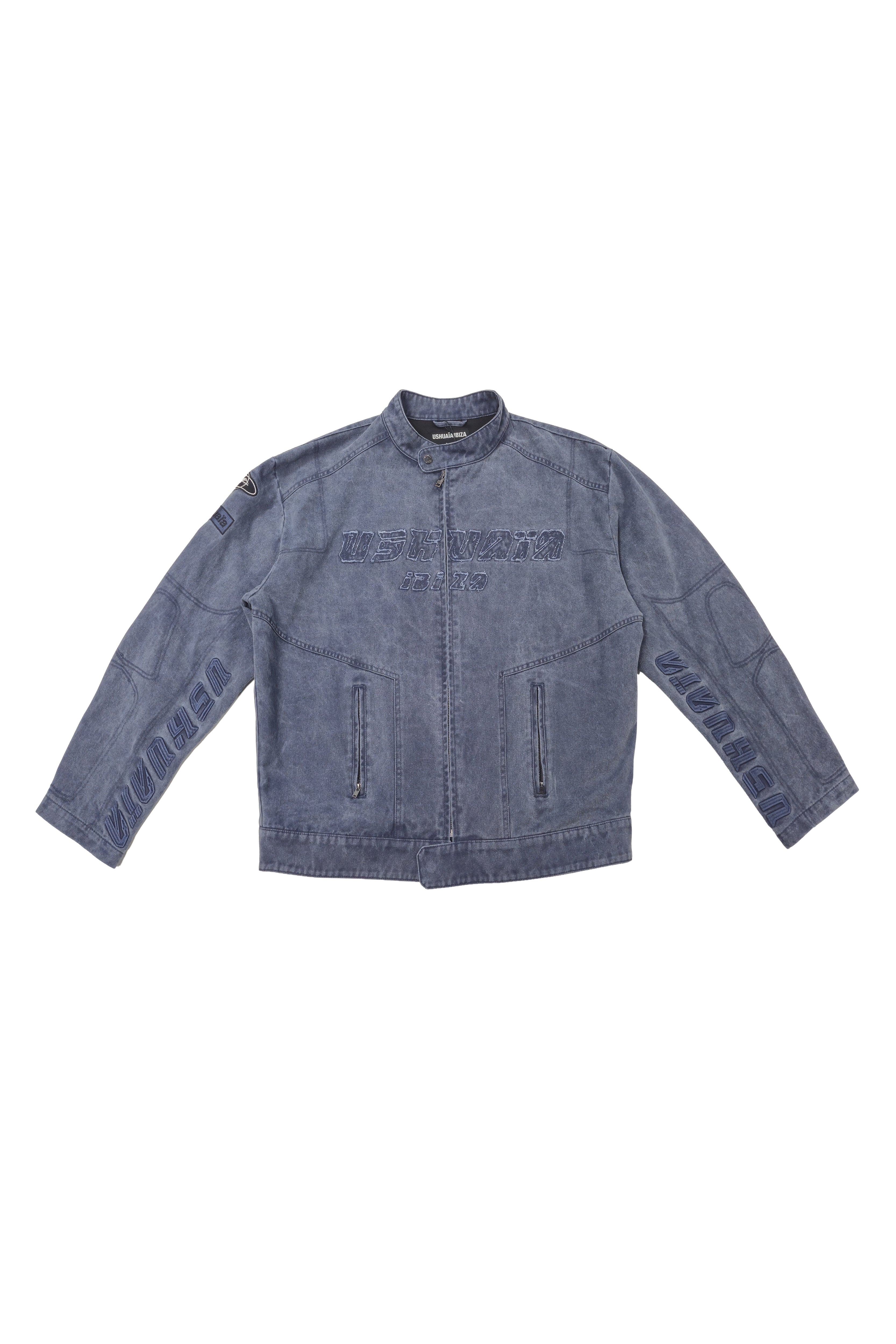 chaqueta hombre azul lavado cremallera frontal cuello alto