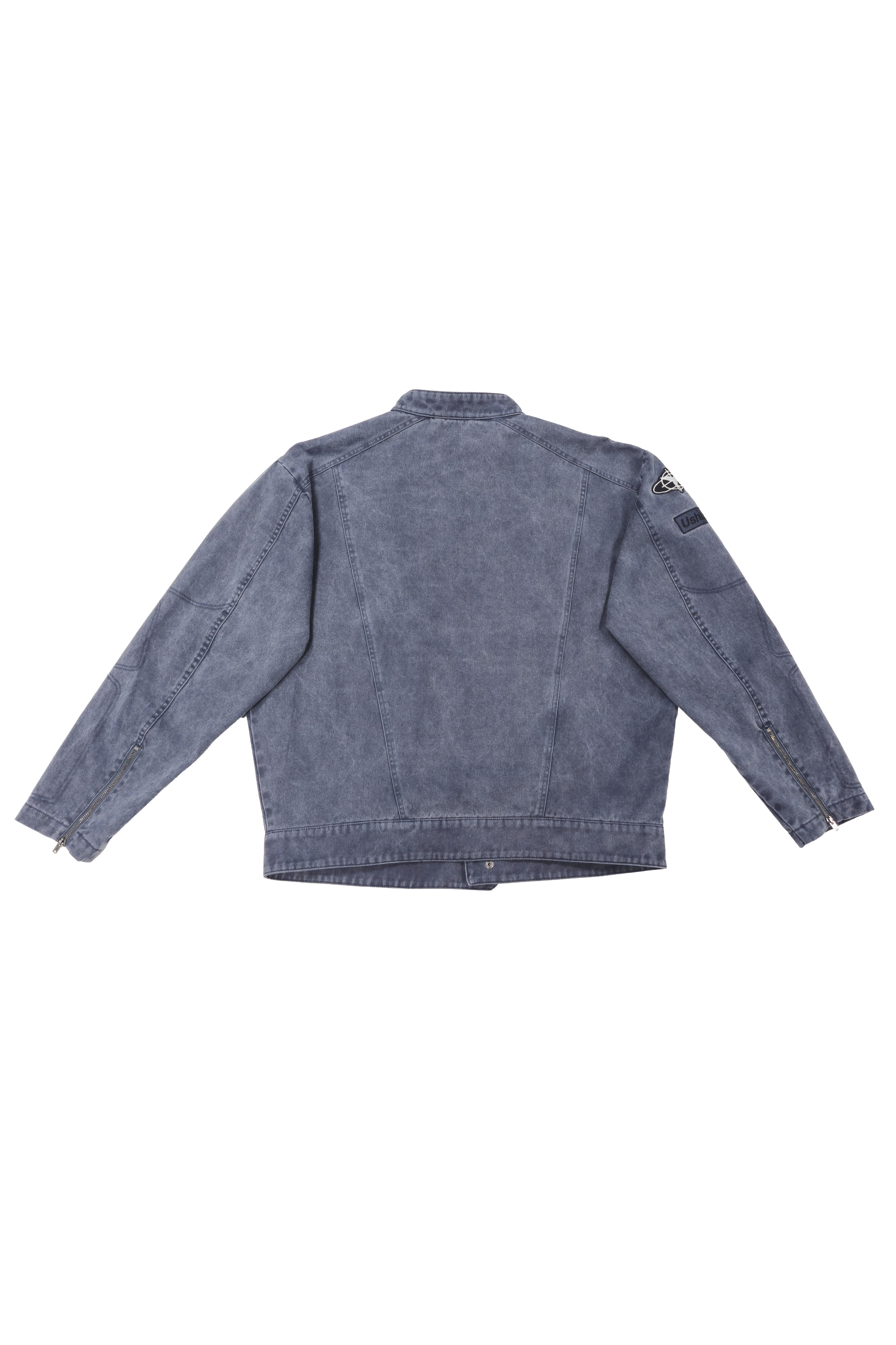 chaqueta hombre azul lavado cremallera frontal cuello alto