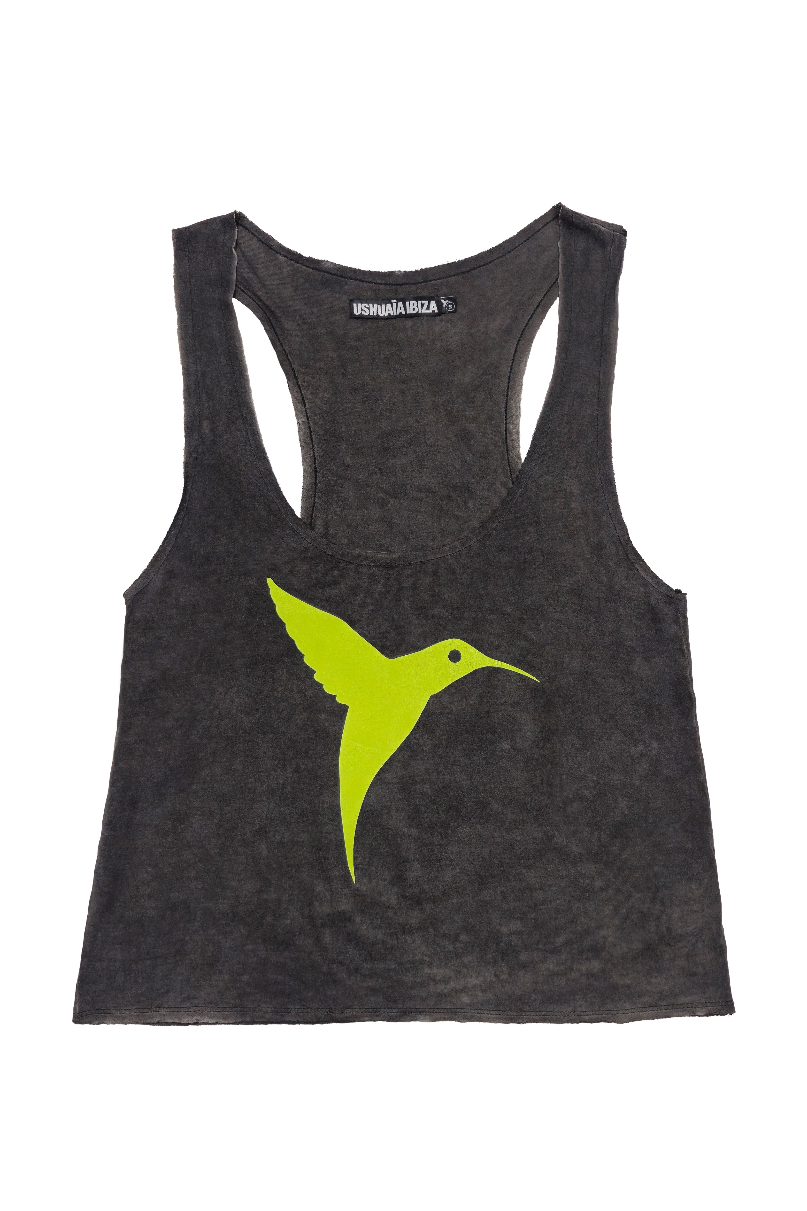 camiseta tirantes mujer negra logo amarillo