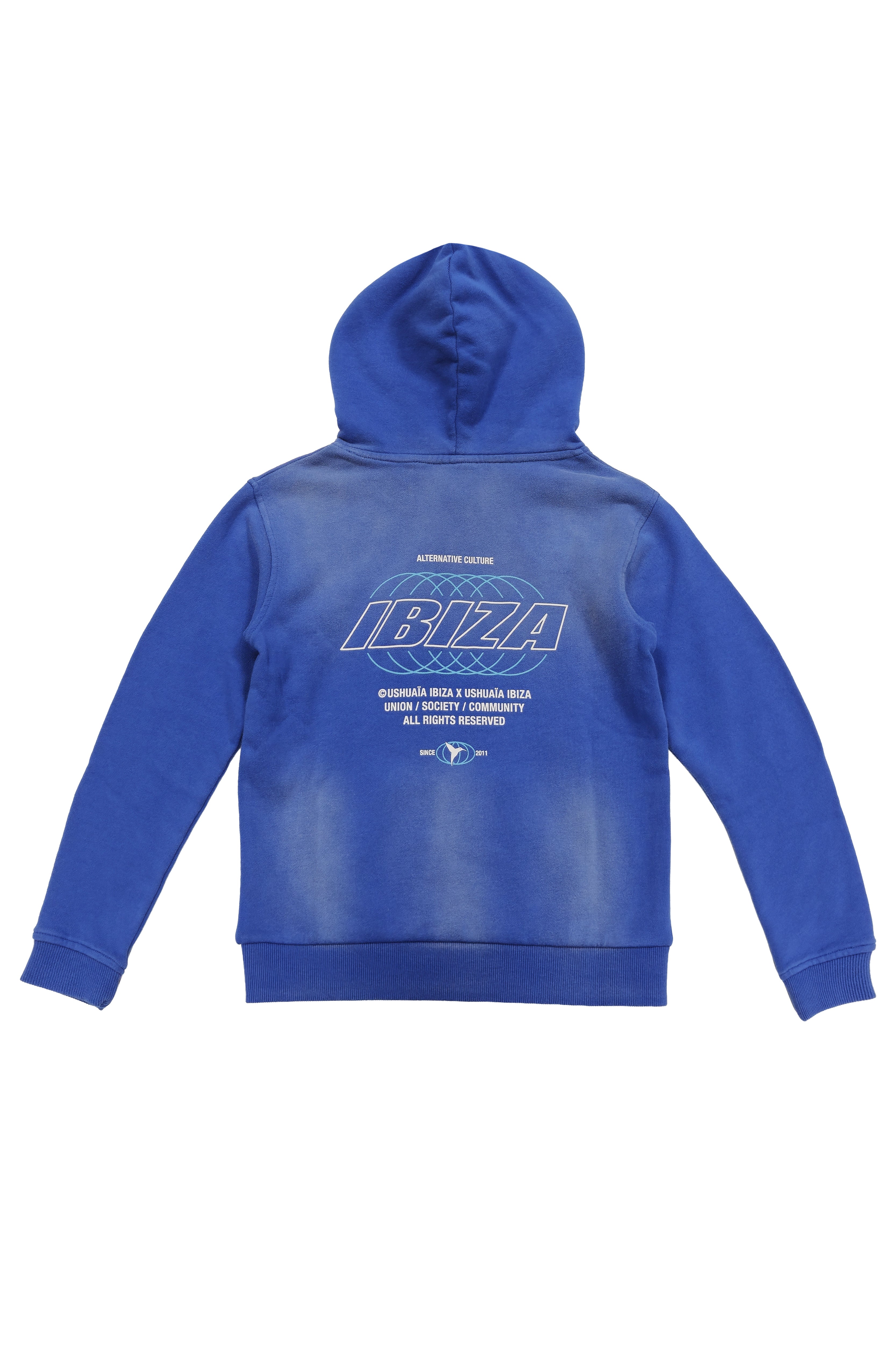 sudadera niño algodón french terry azul capucha logo ushuaïa