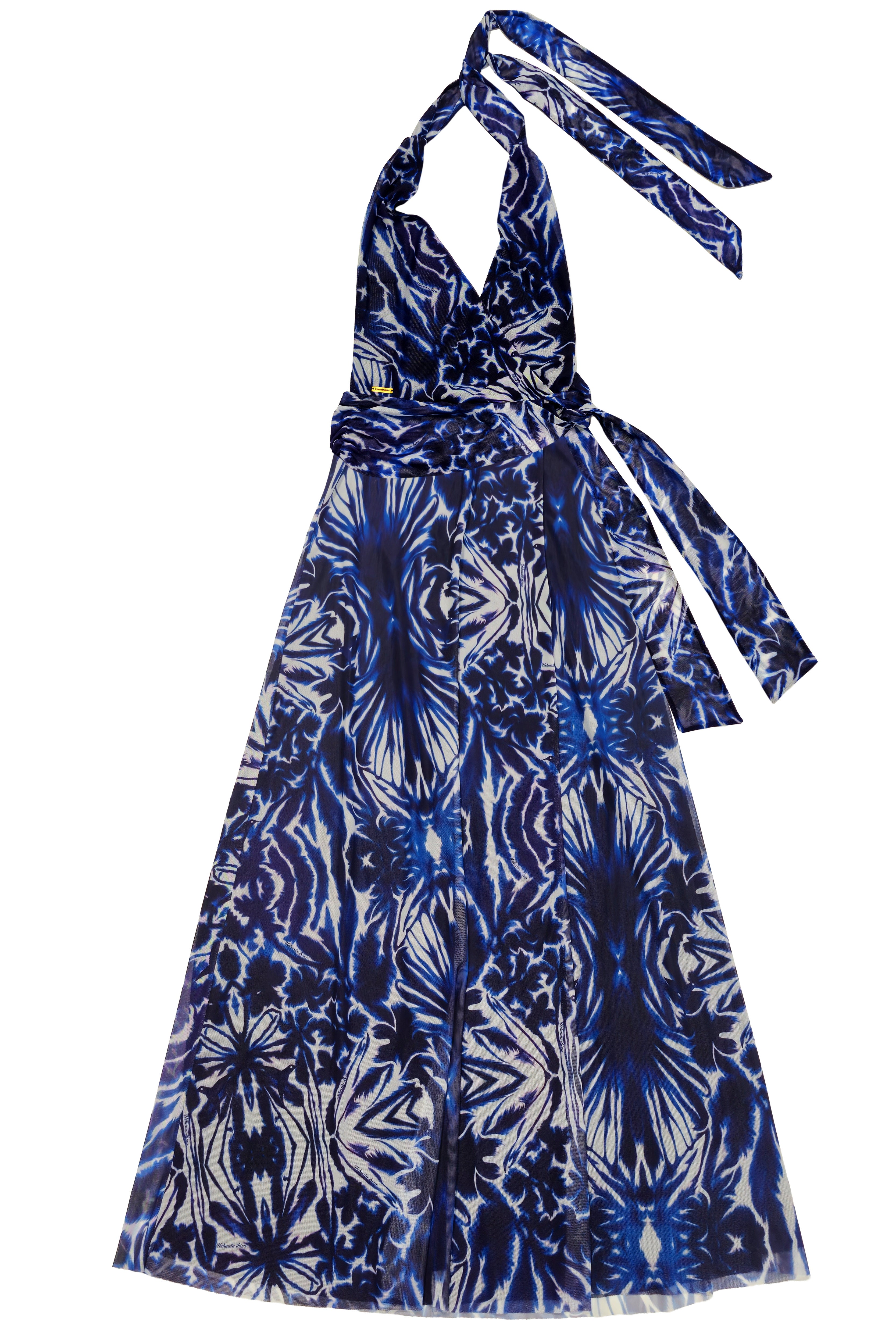 vestido largo estampado azul halter mujer ushuaia