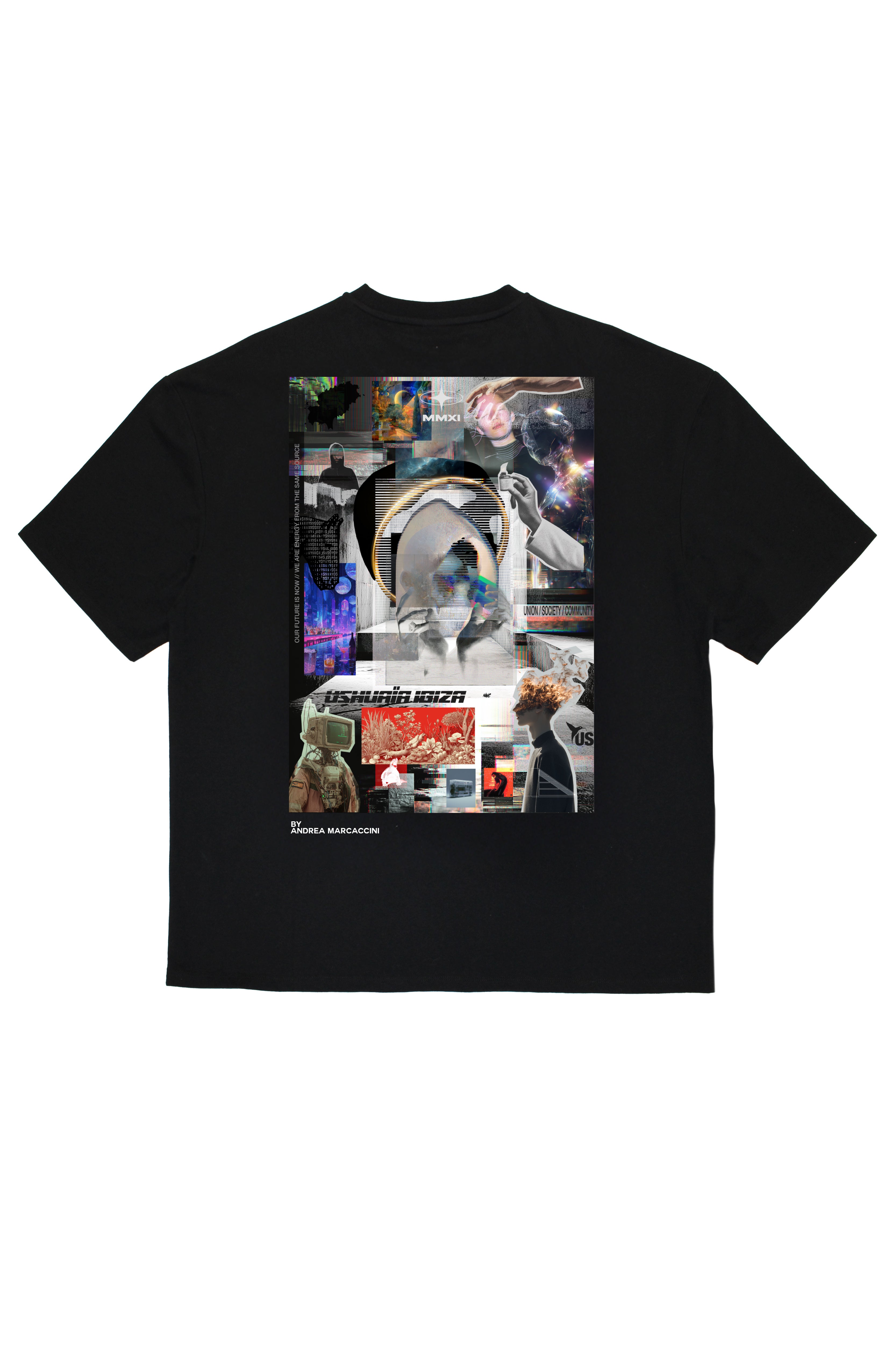 Camiseta negra super oversize Ushuaïa x Marcaccini con gráfico en la espalda