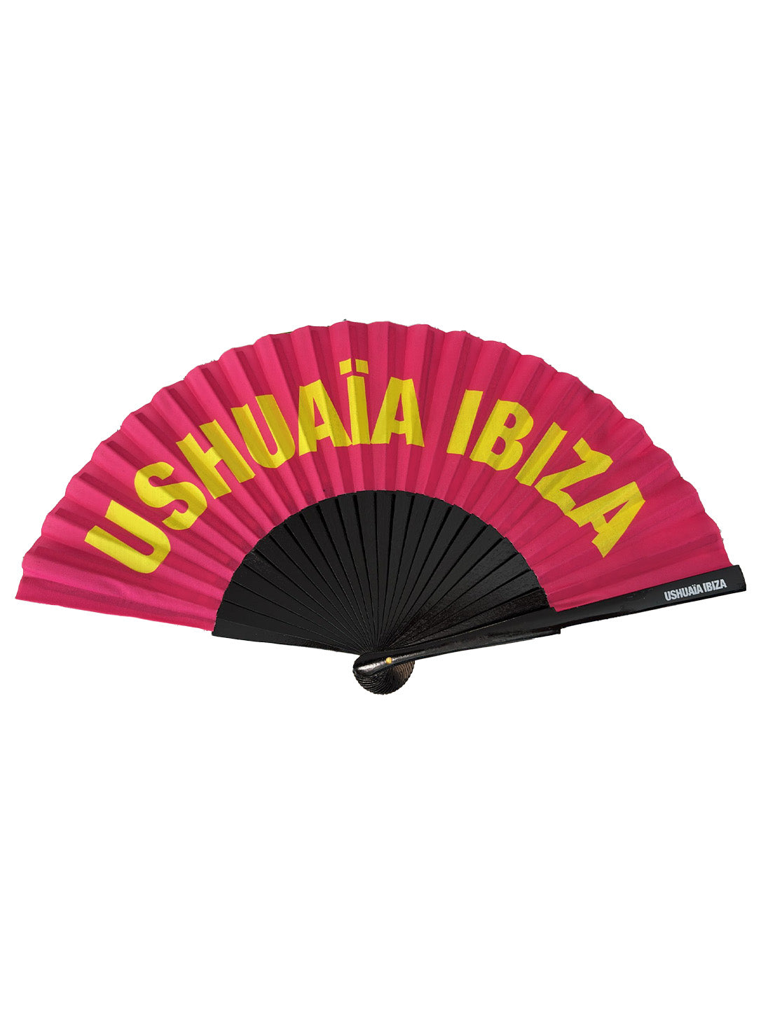 Abanico oficial Ushuaïa Ibiza color fucsia con logotipo amarillo y varillas de madera