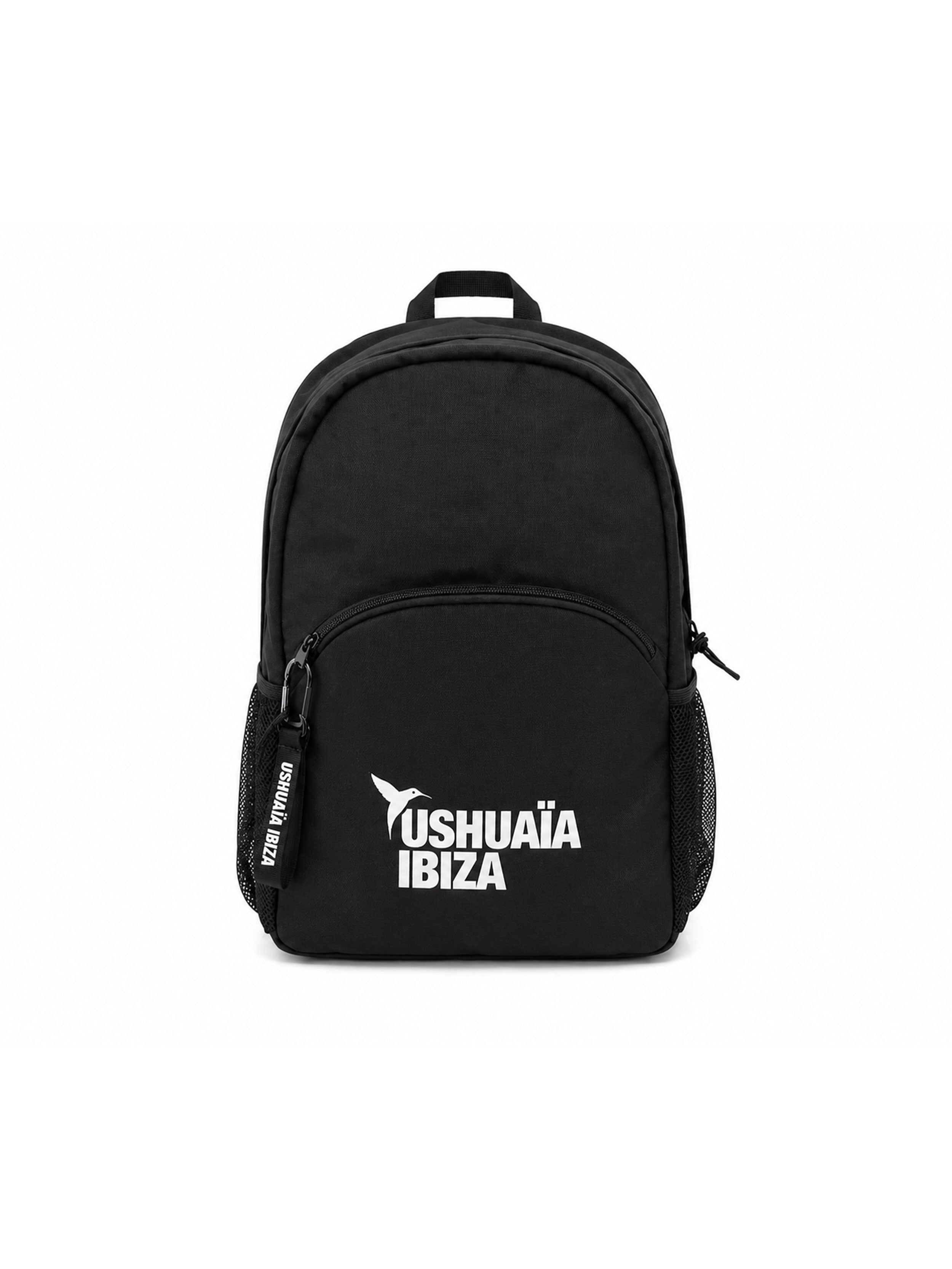 Black Ushuaïa Ibiza backpack with white front logo print
