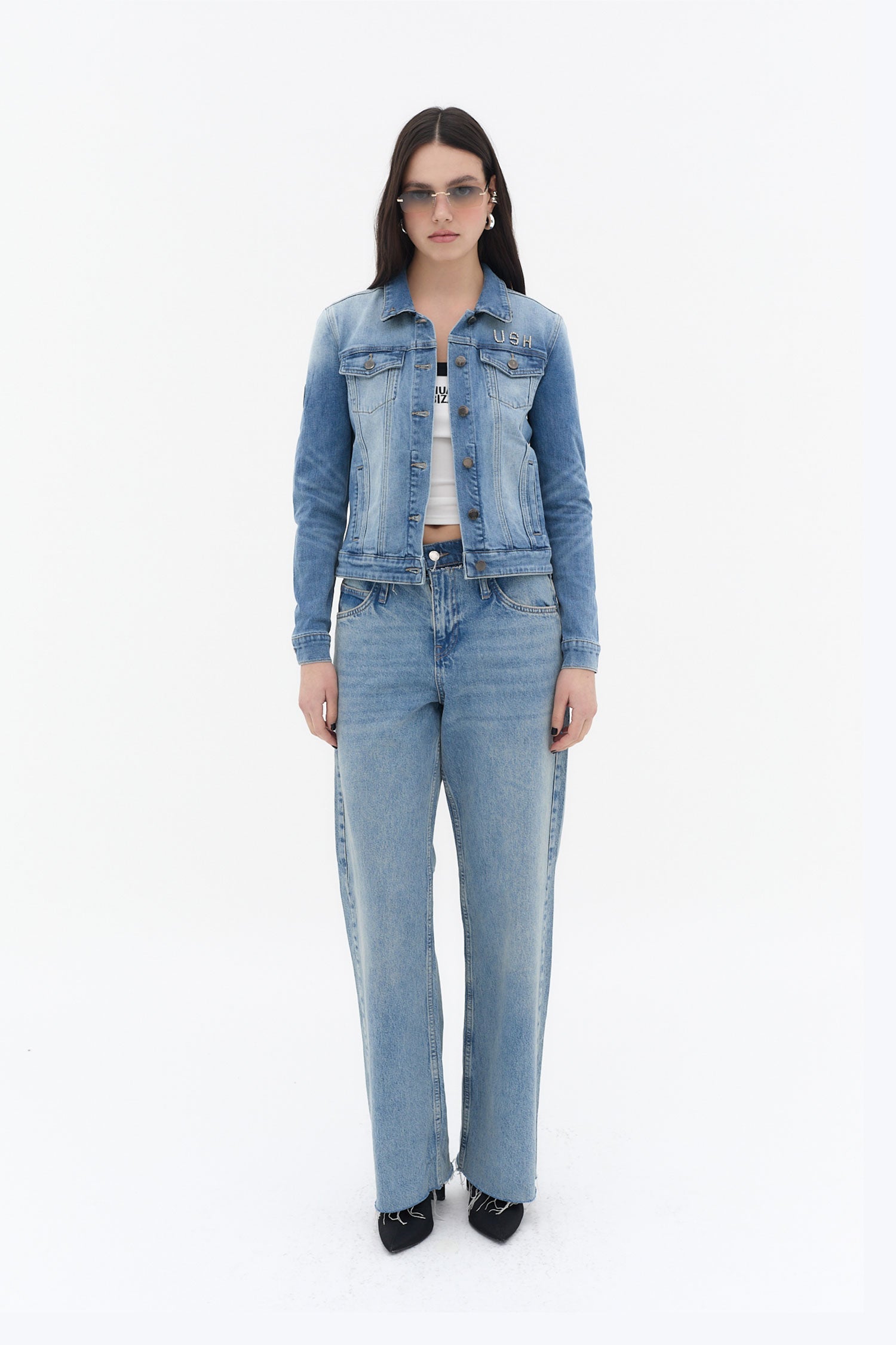 chaqueta denim mujer azul claro botones ushuaia