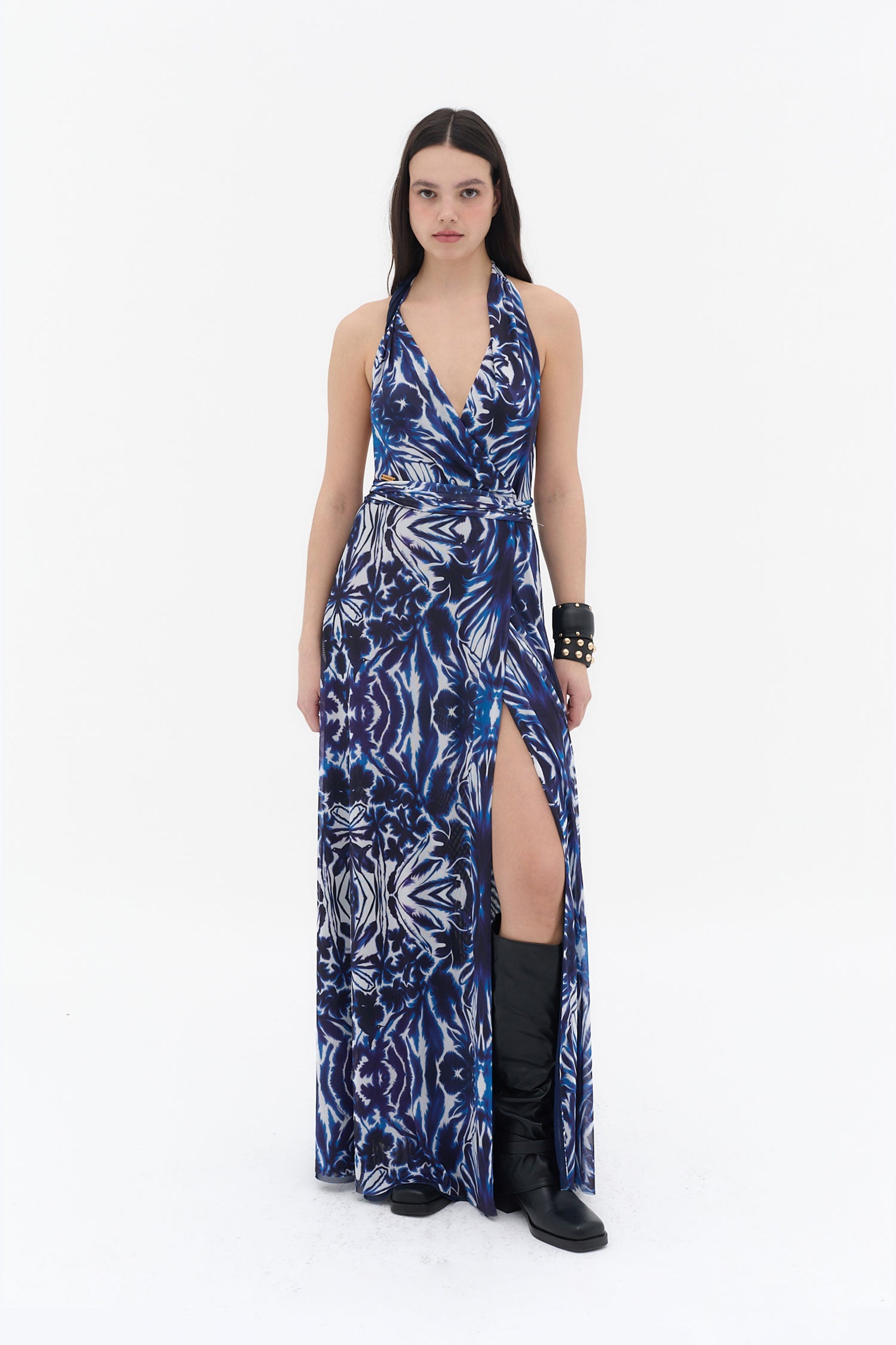 vestido largo estampado azul halter mujer ushuaia