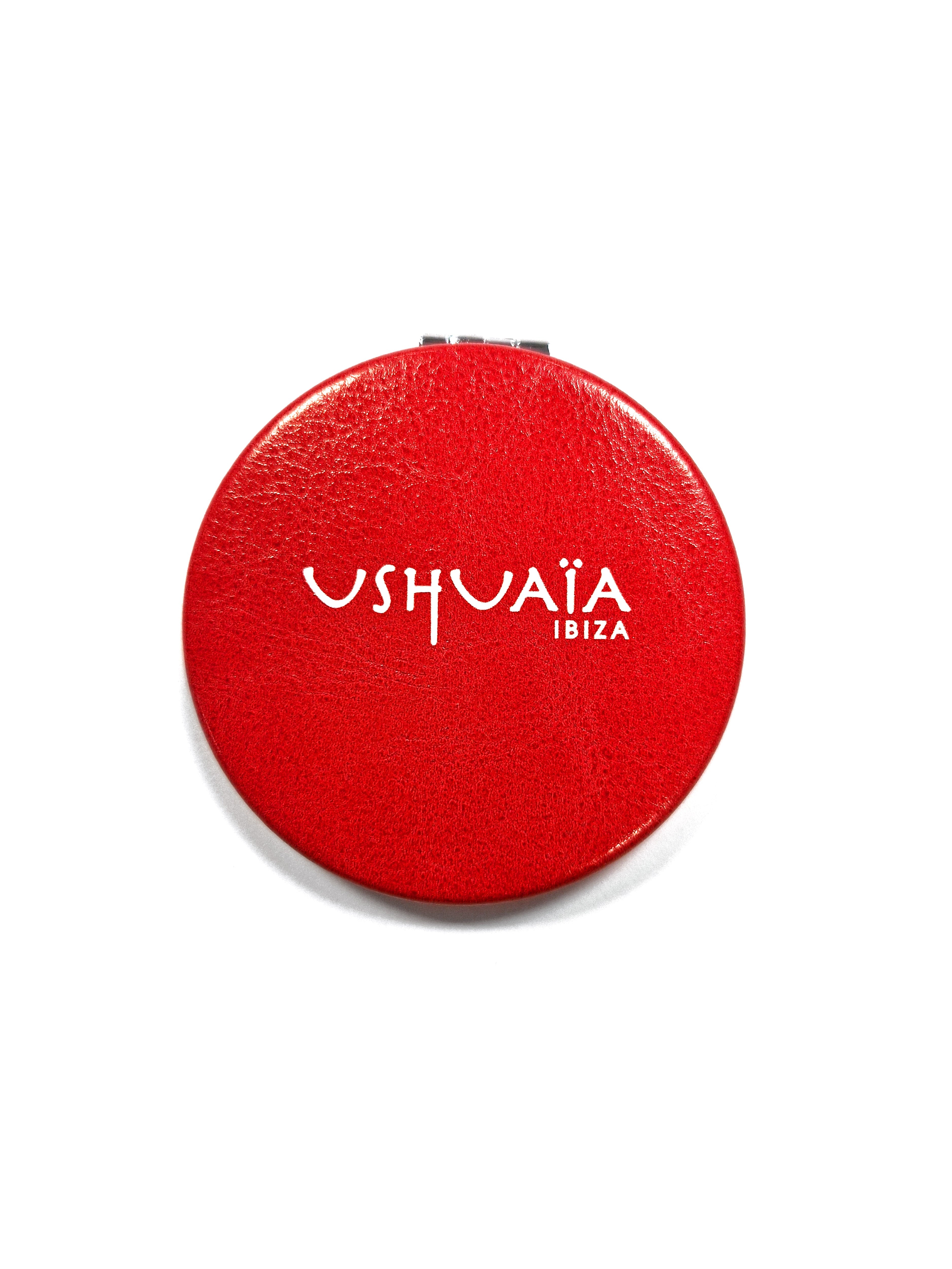 Red Ushuaïa Ibiza compact mirror with hummingbird graphic