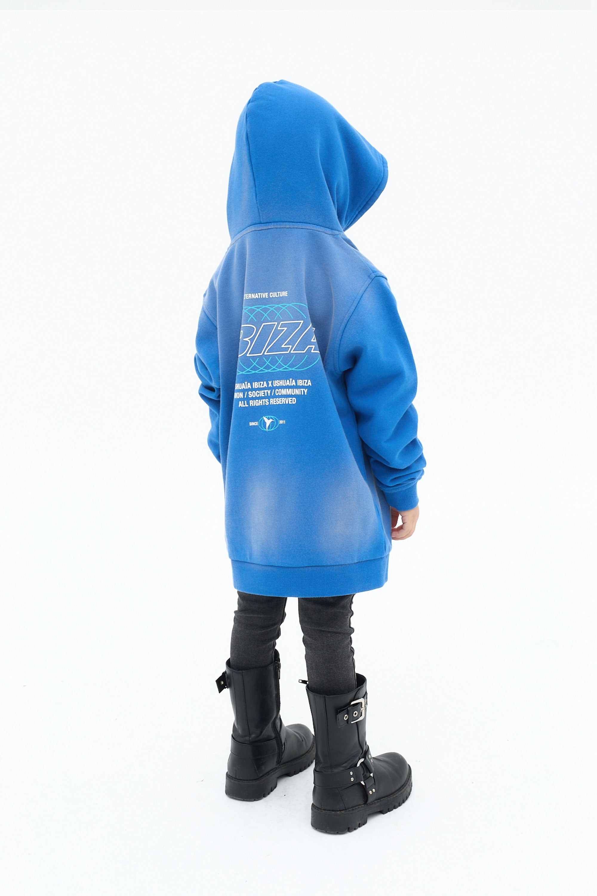 sudadera niño algodón french terry azul capucha logo ushuaïa