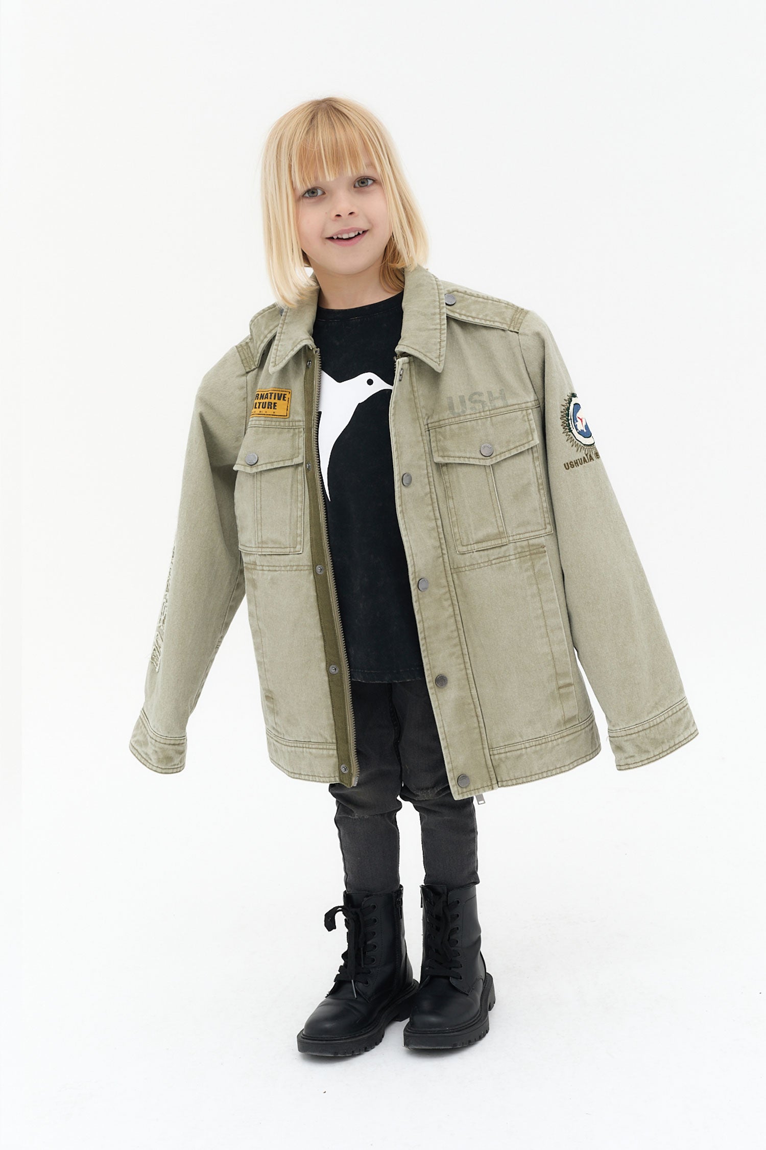 chaqueta niño algodón beige estilo military bolsillos frontales ushuaïa