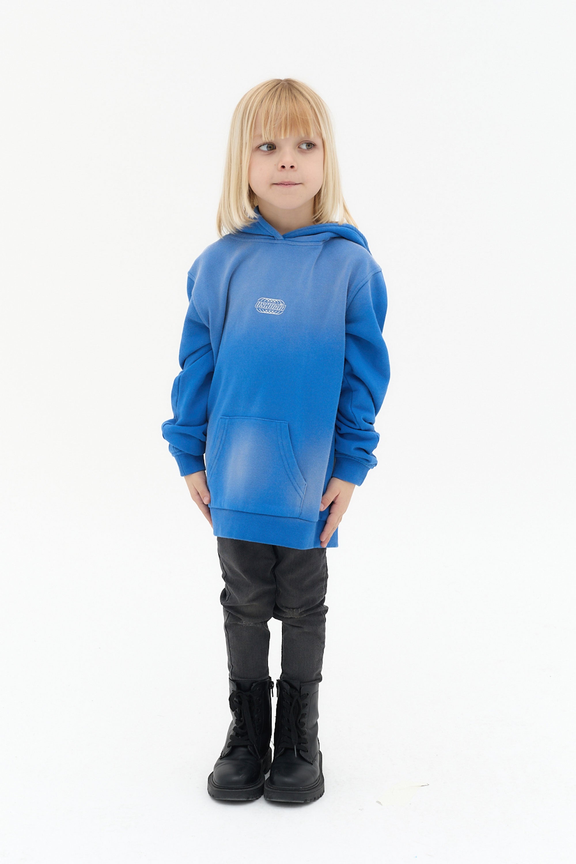 sudadera niño algodón french terry azul capucha logo ushuaïa