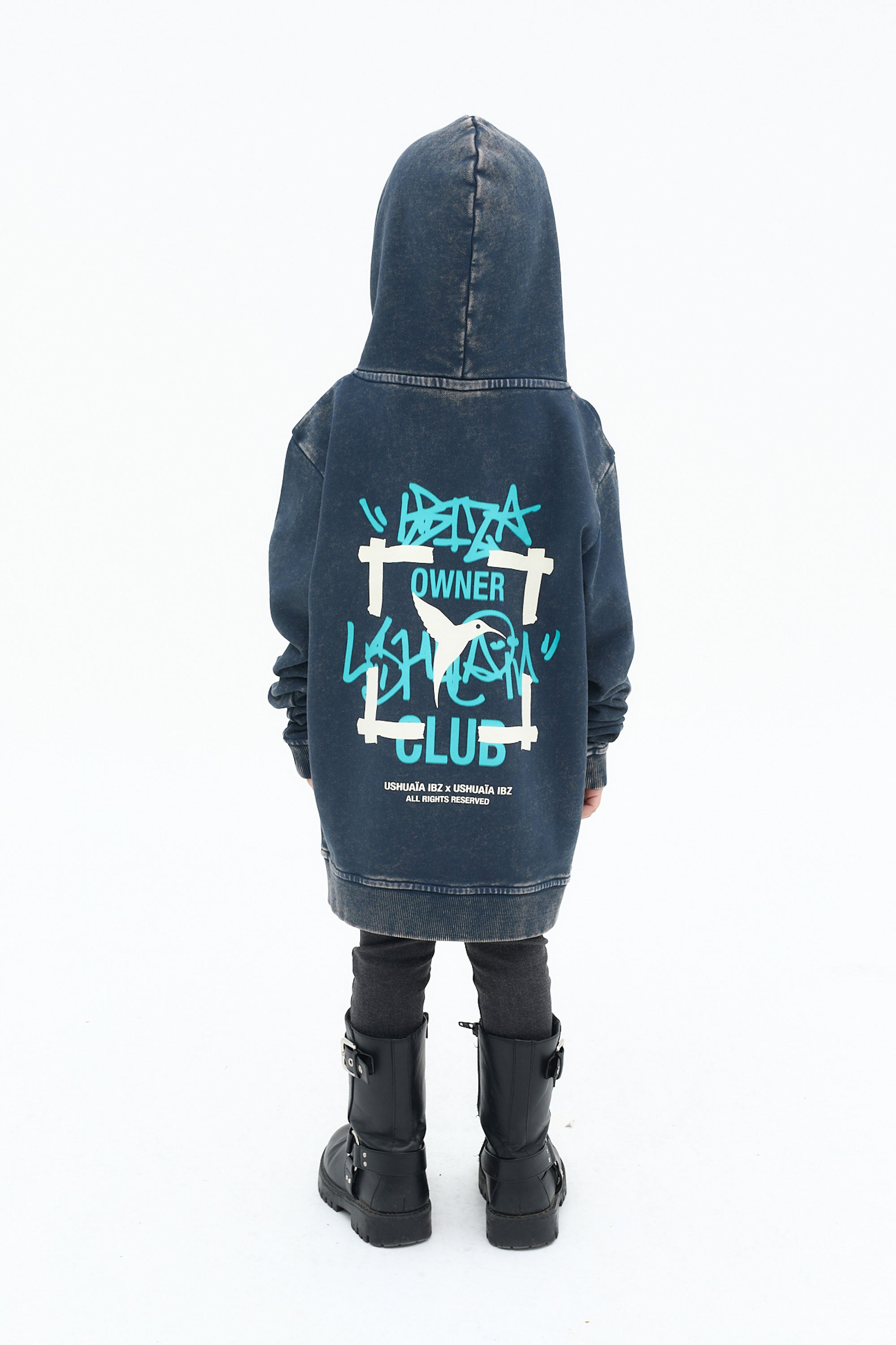 sudadera niño algodón french terry azul snow finish capucha logo ushuaïa