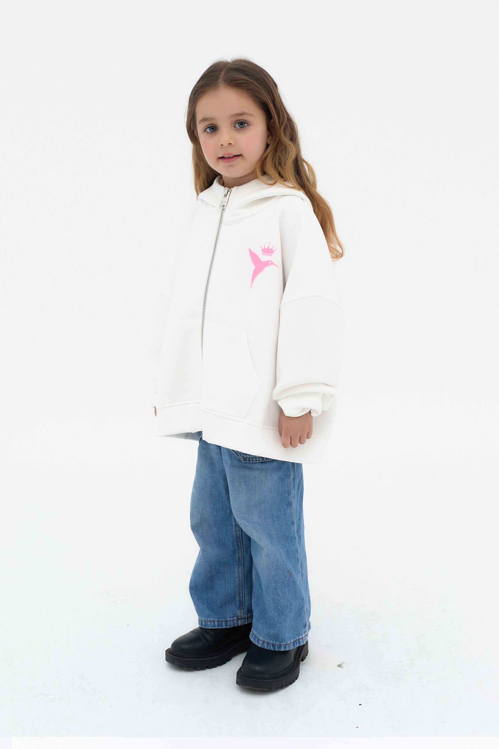 sudadera niña blanca cremallera capucha logo ushuaïa