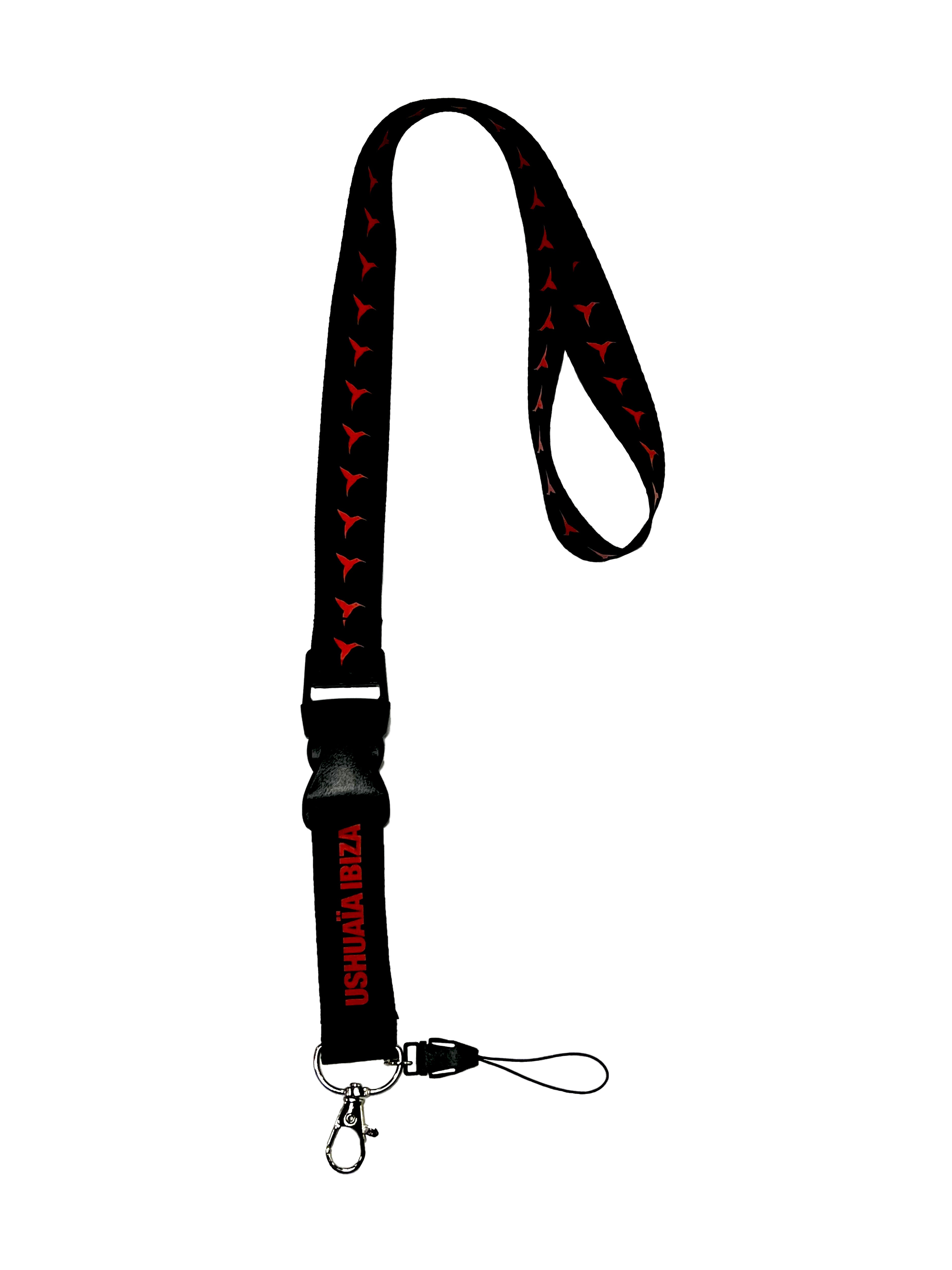 Black Ushuaïa Ibiza lanyard with red hummingbird pattern, safety buckle and metal clip