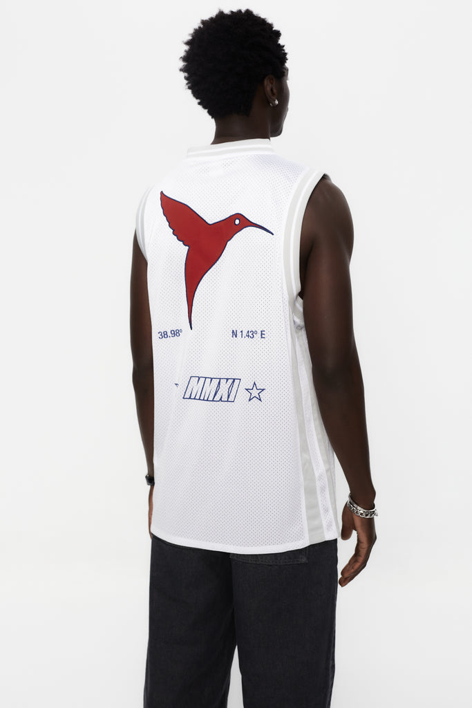 Basketball shirt made of mesh fabric, lightweight and breathable. Round neck and ribbed armhole sleeves. Contrast combined print and application detail on front and back. Patch on the front.