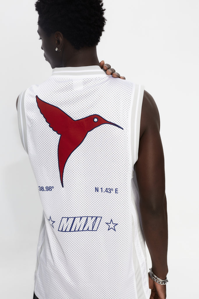 Basketball shirt made of mesh fabric, lightweight and breathable. Round neck and ribbed armhole sleeves. Contrast combined print and application detail on front and back. Patch on the front.