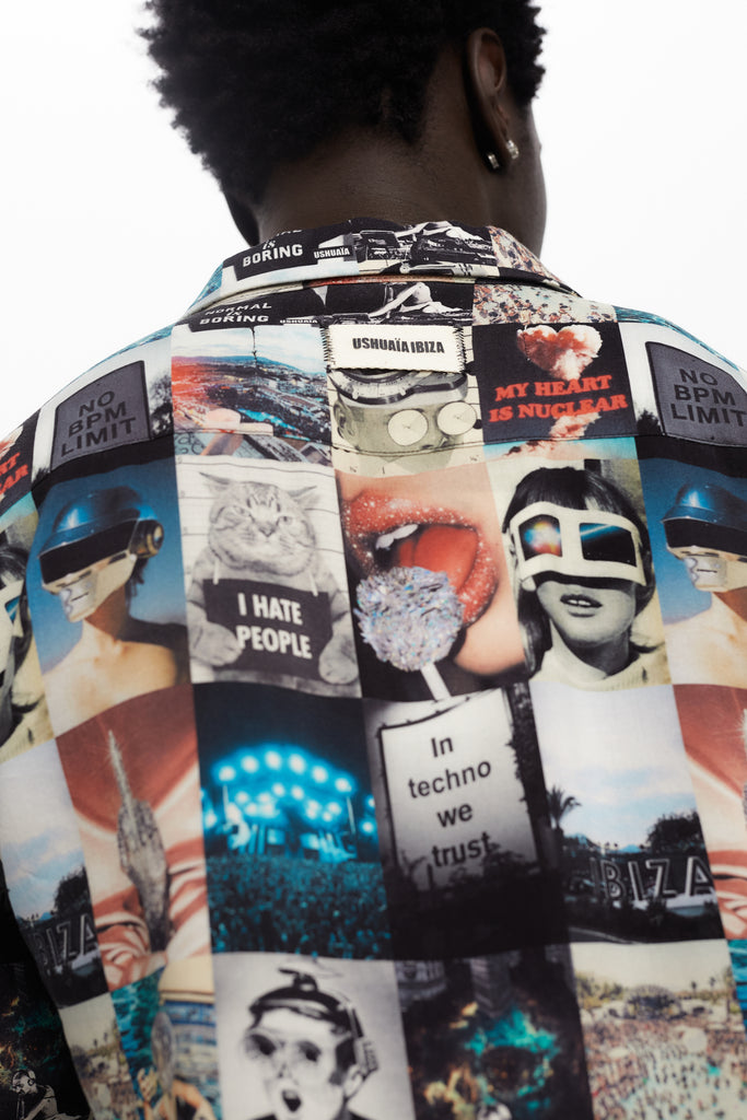 Printed shirt made of blend fabric. Lapel collar and short sleeve. Front button closure. Patch detail on the front and personalized label on the back.