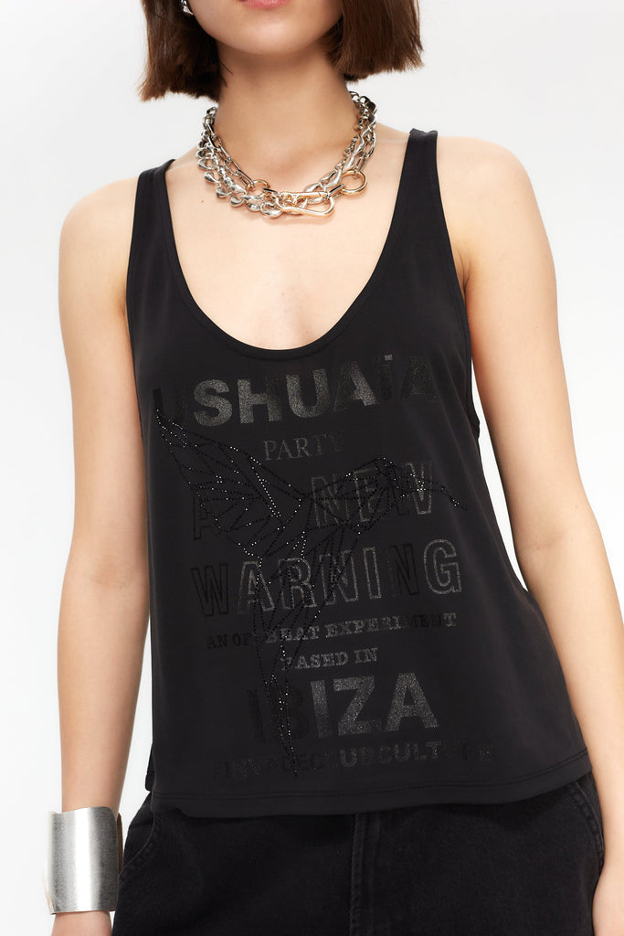 Black loose-fit tank with glitter effect & rhinestone details. Perfect for bold Ibiza looks. Shop your statement vibe now!
