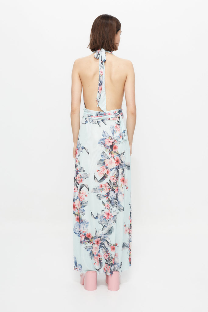 Long multi-position dress with all-over print finish and side slit.