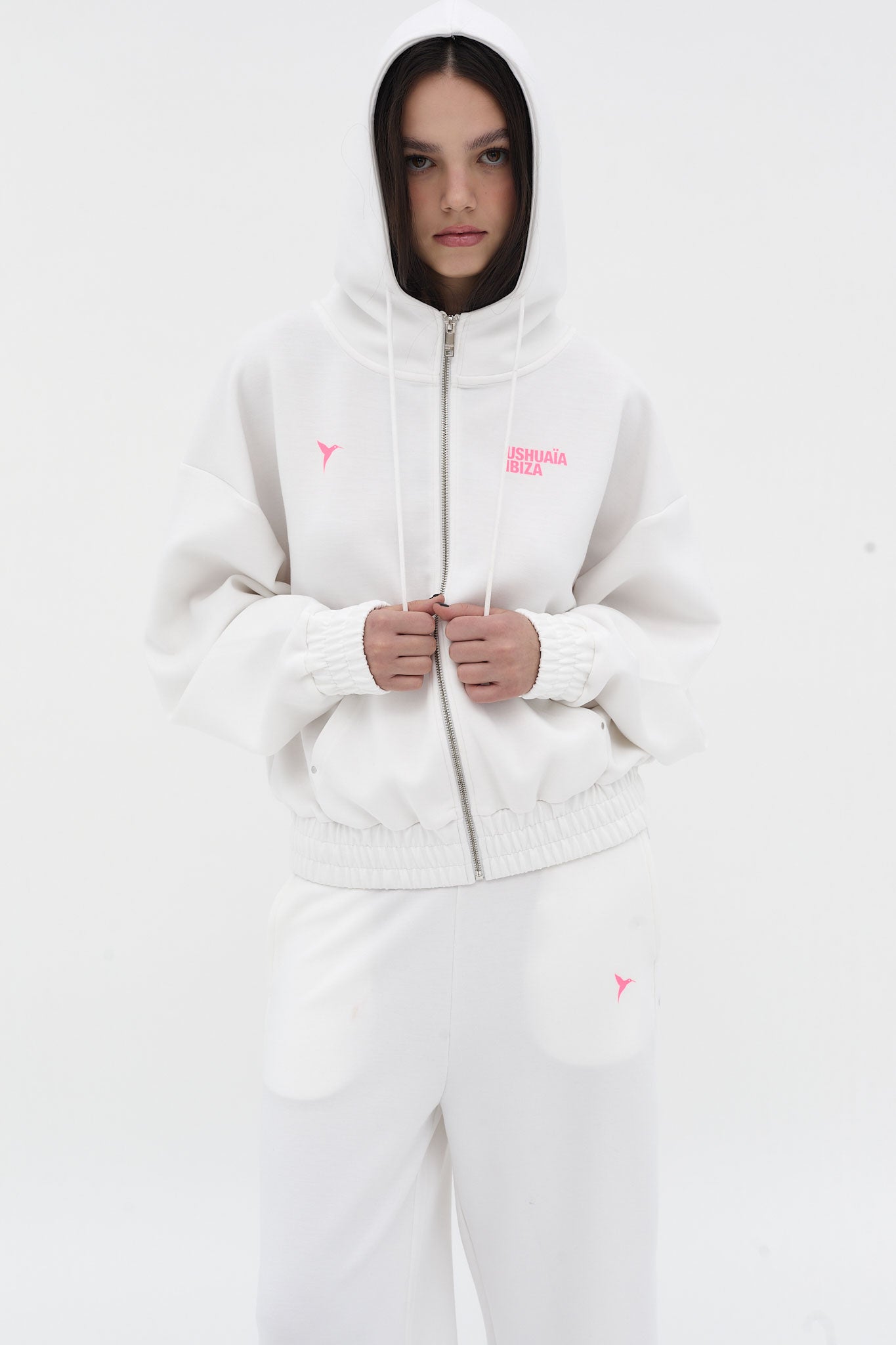 sudadera mujer blanca capucha cremallera ushuaia