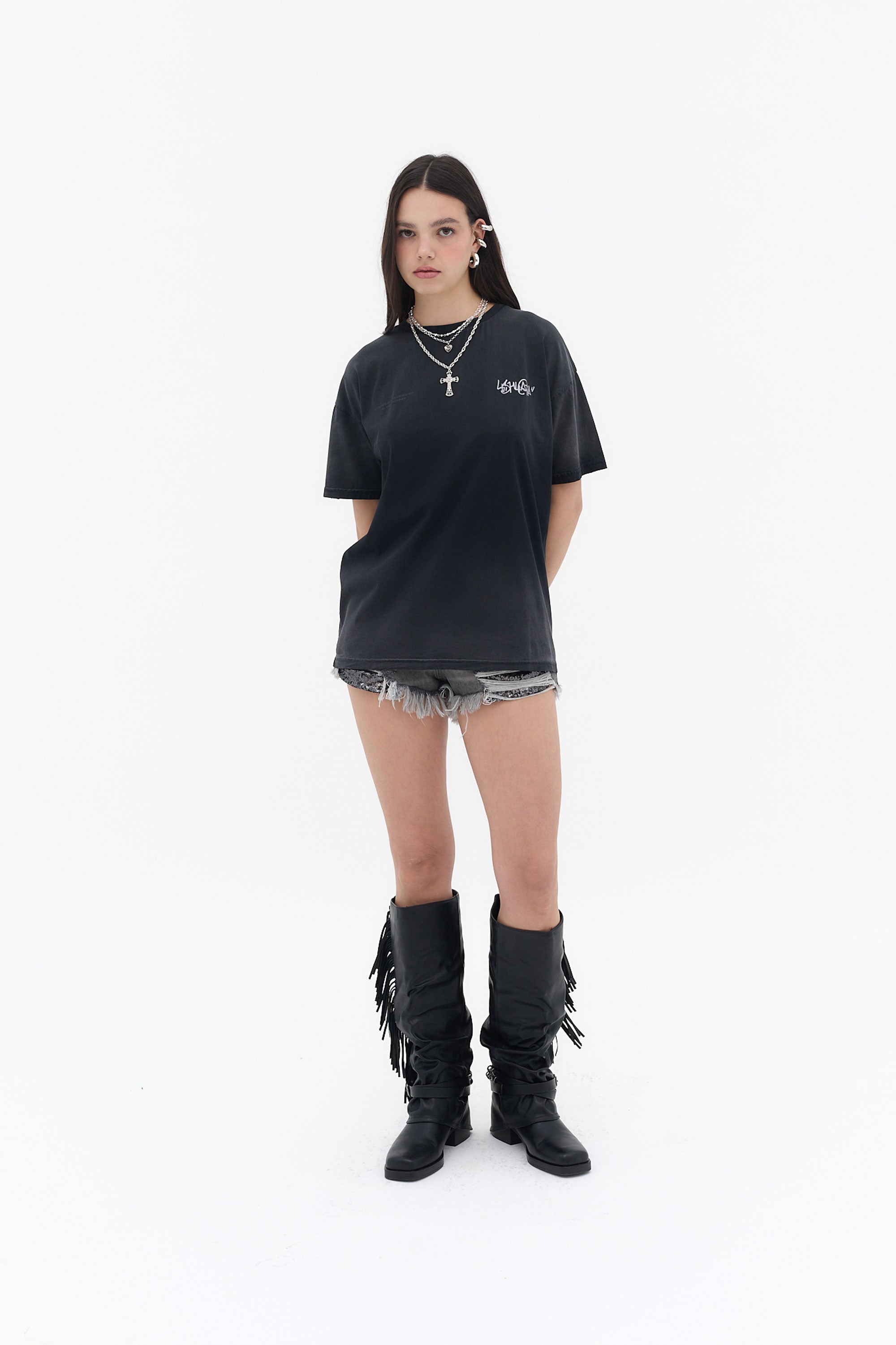 camiseta mujer negra acid wash algodón