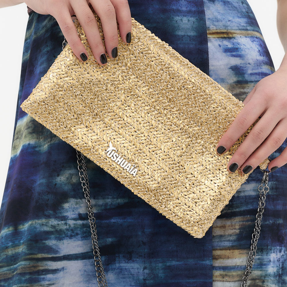Bolso clutch dorado Ushuaïa Ibiza con cadena metálica desmontable