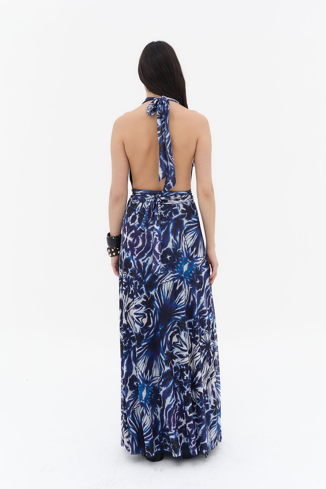 vestido largo estampado azul halter mujer ushuaia