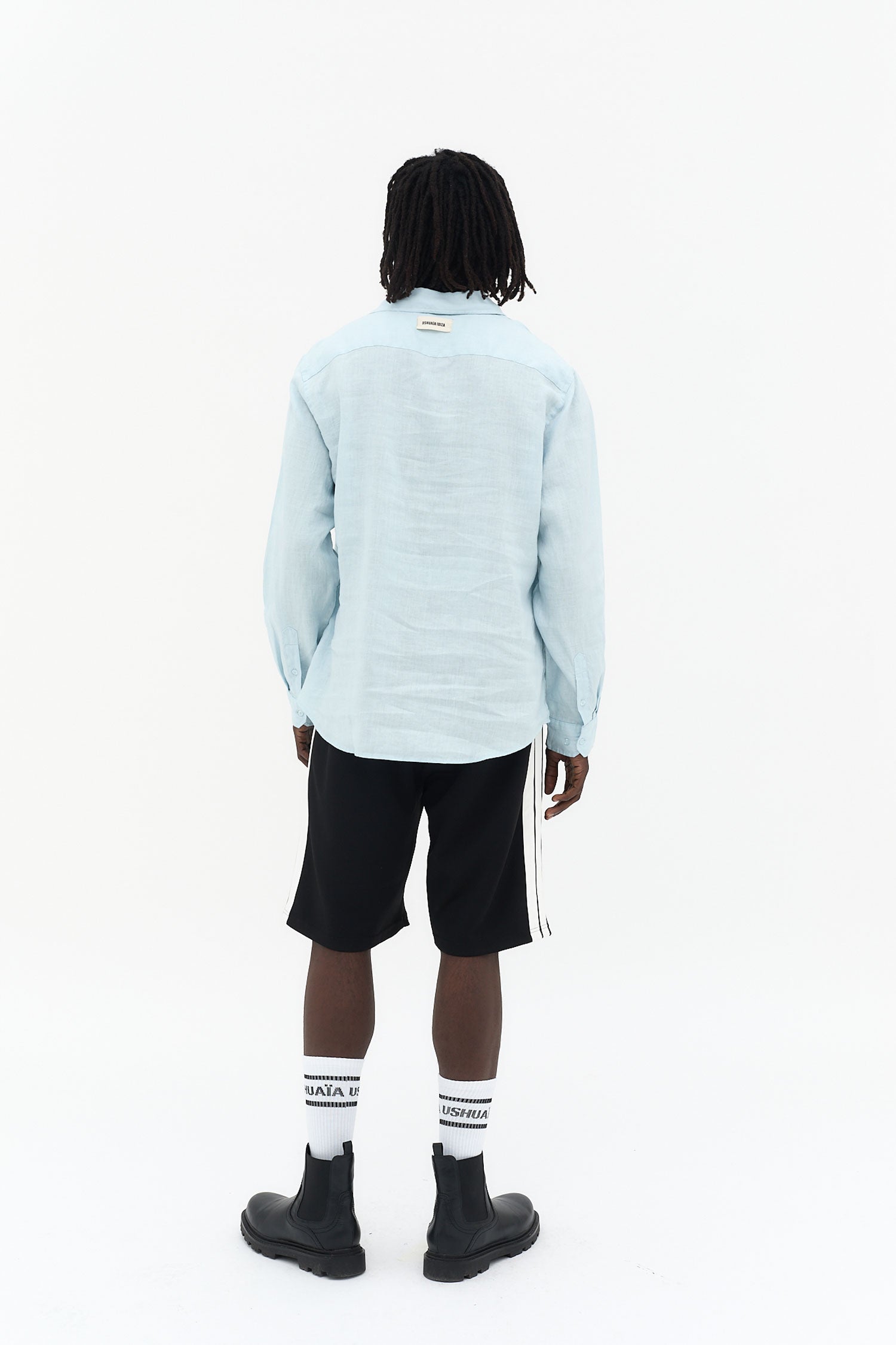 camisa lino hombre manga larga garment dyed logo ushuaïa delantero y espalda ibiza