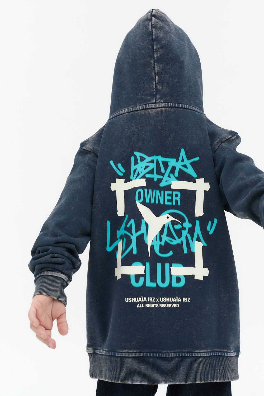 sudadera niño algodón french terry azul snow finish capucha logo ushuaïa