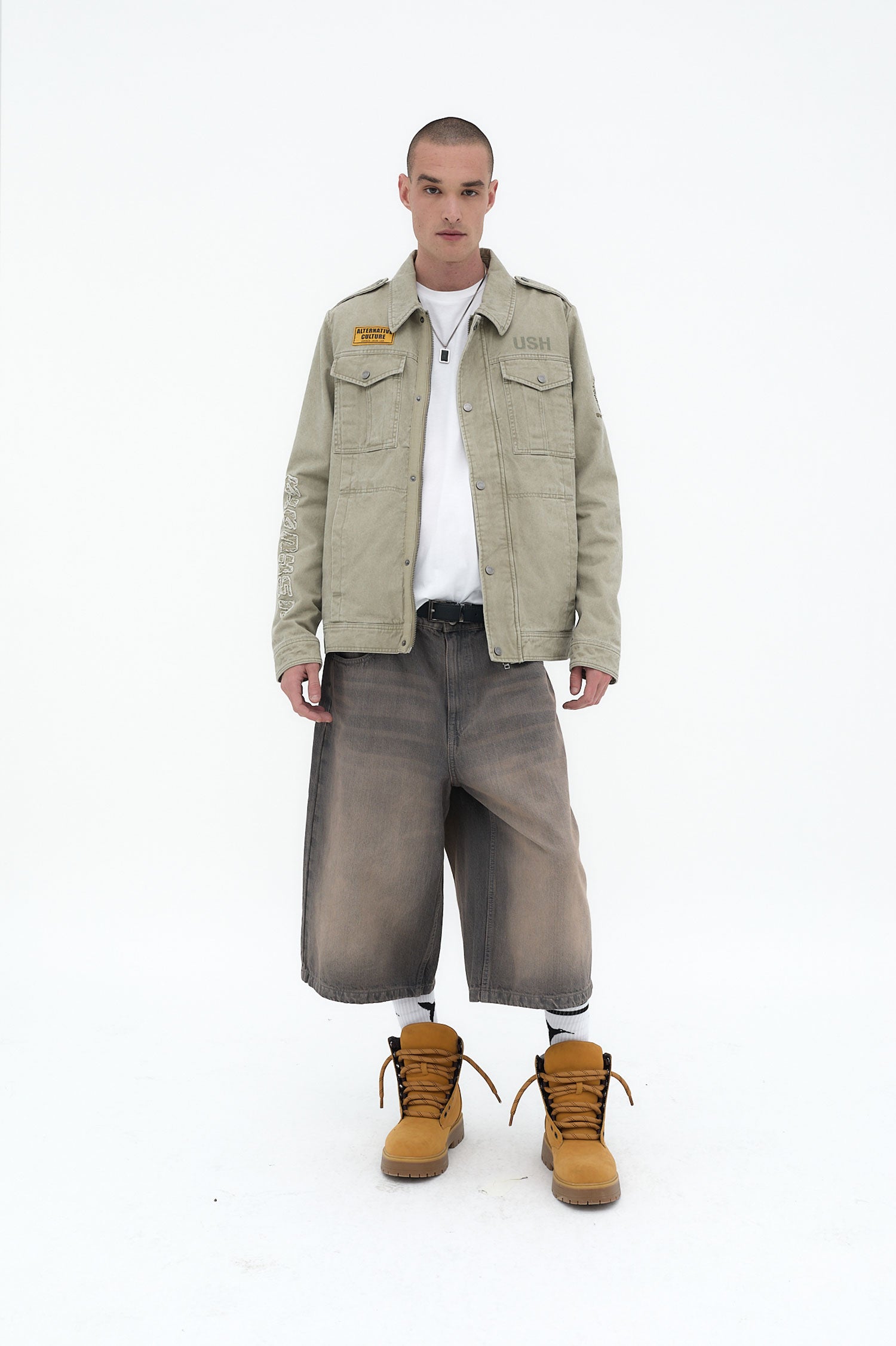 chaqueta militar hombre verde lavado bolsillos frontales