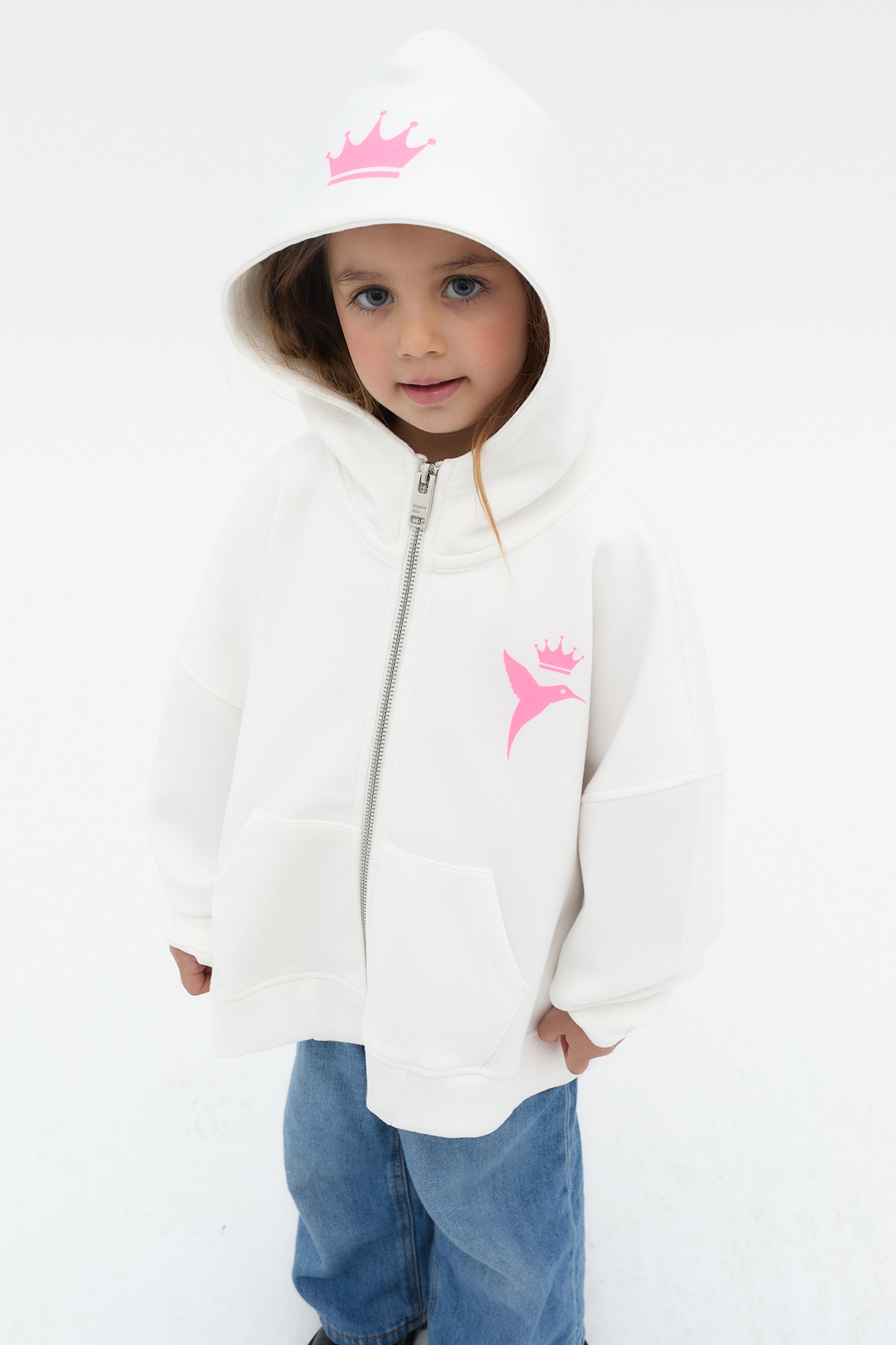 sudadera niña blanca cremallera capucha logo ushuaïa