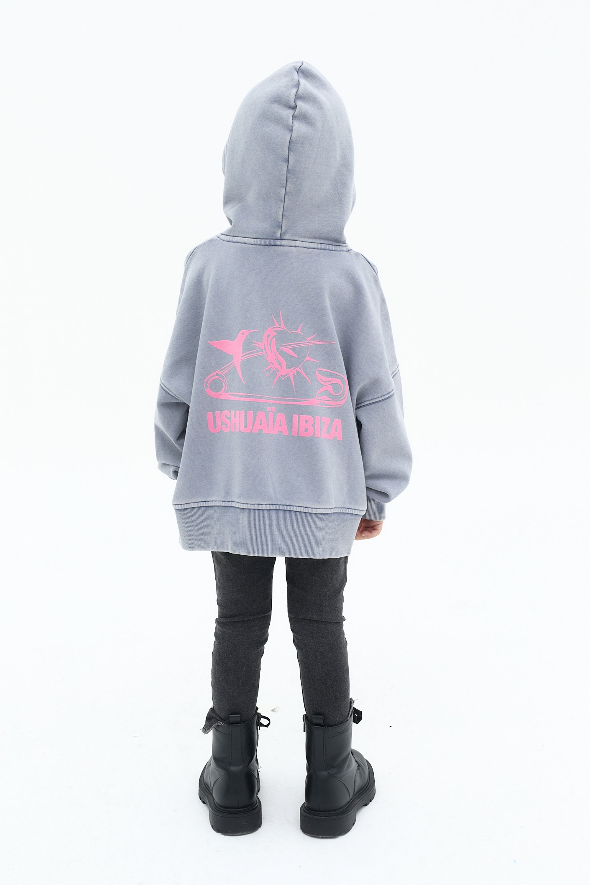 sudadera niña algodón gris acid wash capucha logo ushuaïa