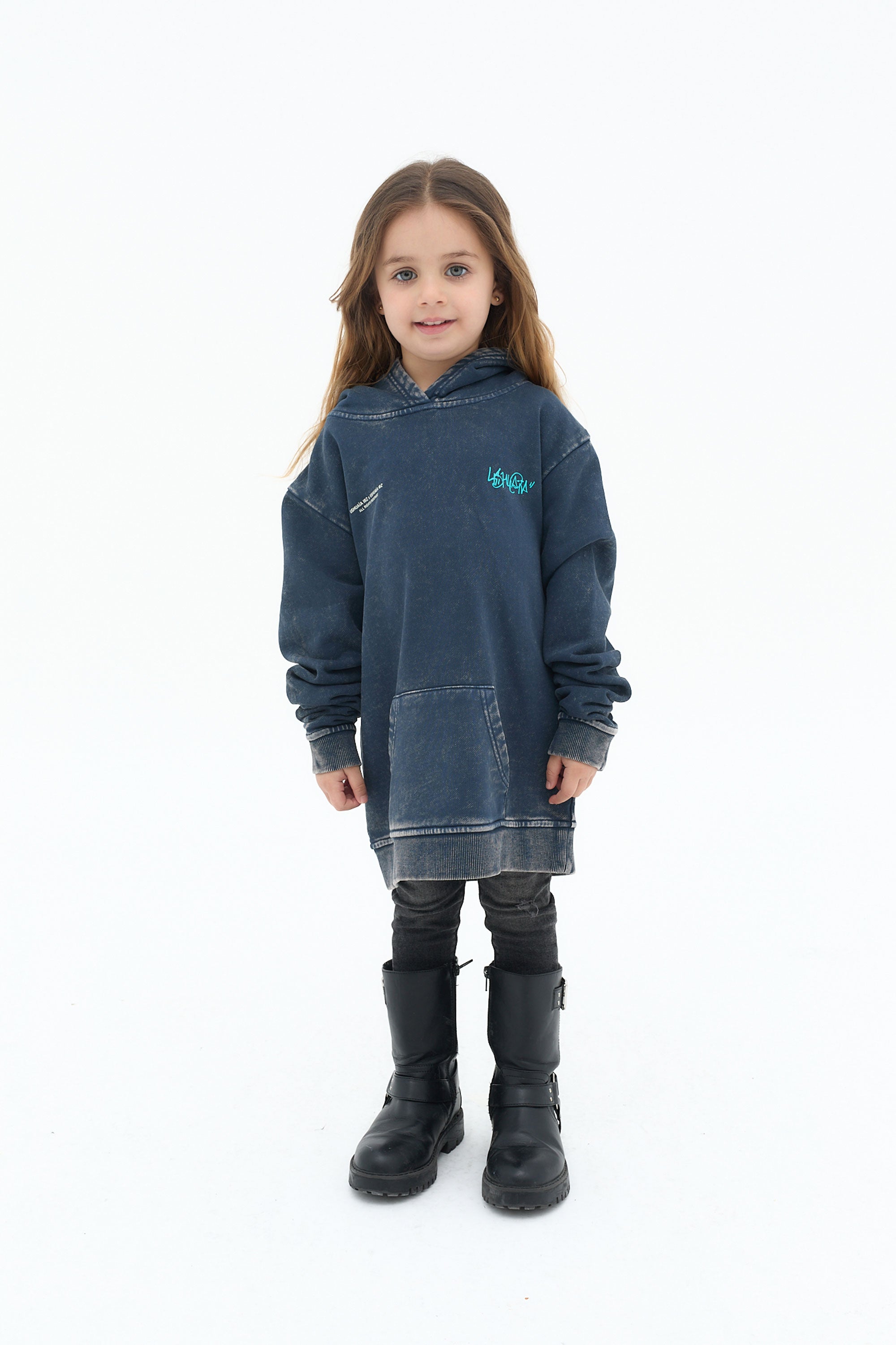 sudadera niño algodón french terry azul snow finish capucha logo ushuaïa
